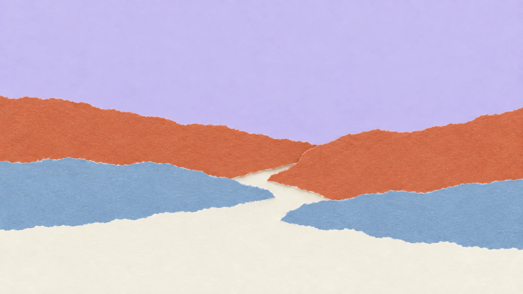 An ivory passage opens between torn layers of muted terracotta and blue paper beneath a lavender horizon.