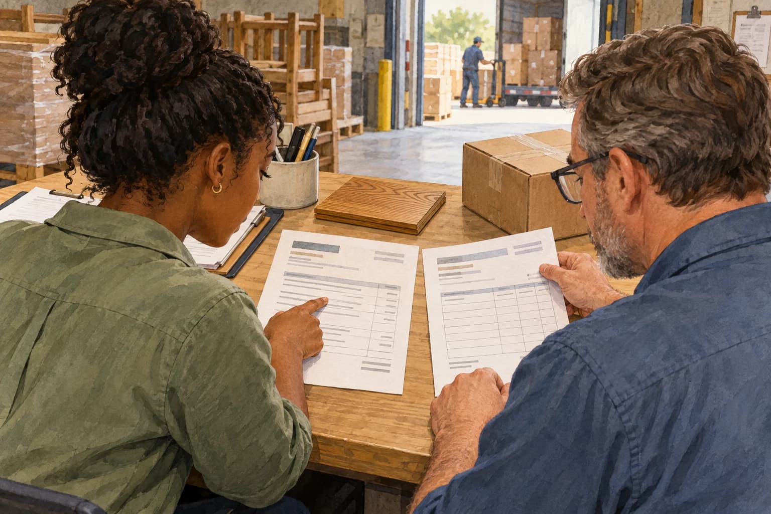 A junior purchasing assistant and supervisor compare two freight documents, with both pages facing them across a receiving-office desk.
