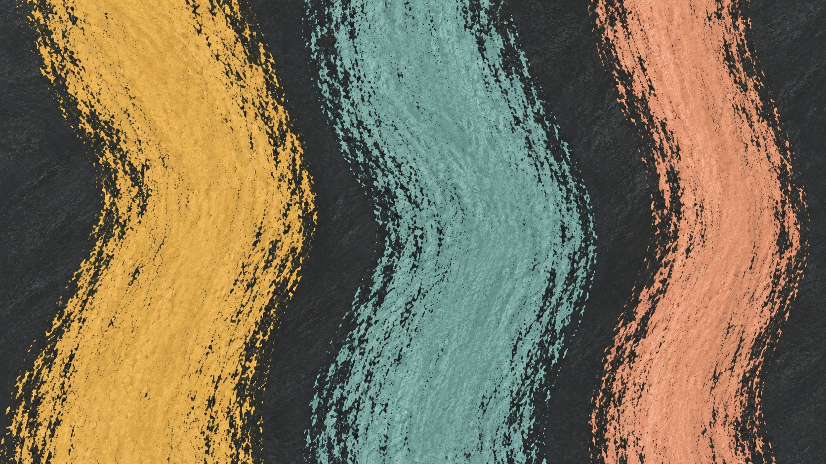 Three broad ochre, turquoise and peach chalk gestures run separately down a dark slate field.