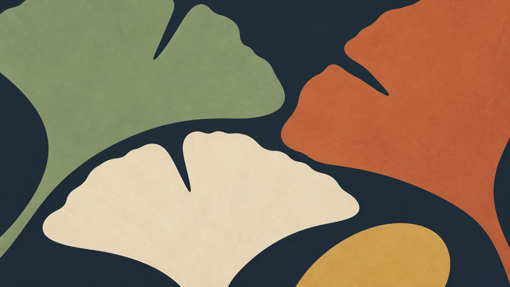 Three broad sage, ivory and terracotta botanical fan cutouts and a cropped ochre seed fill a midnight-blue ground.