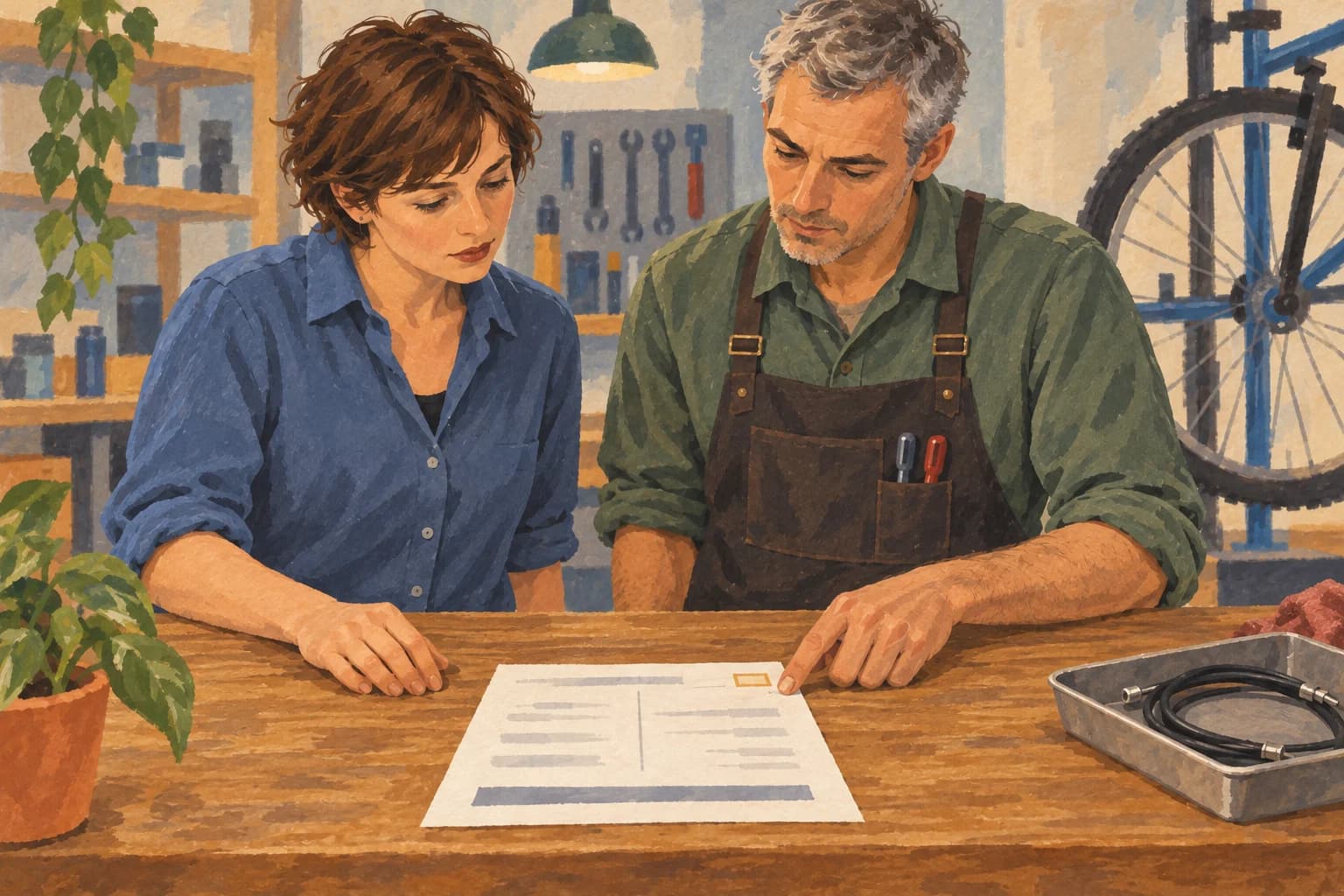 A bicycle-service receptionist and mechanic check a repair ticket together before sending a collection notice.