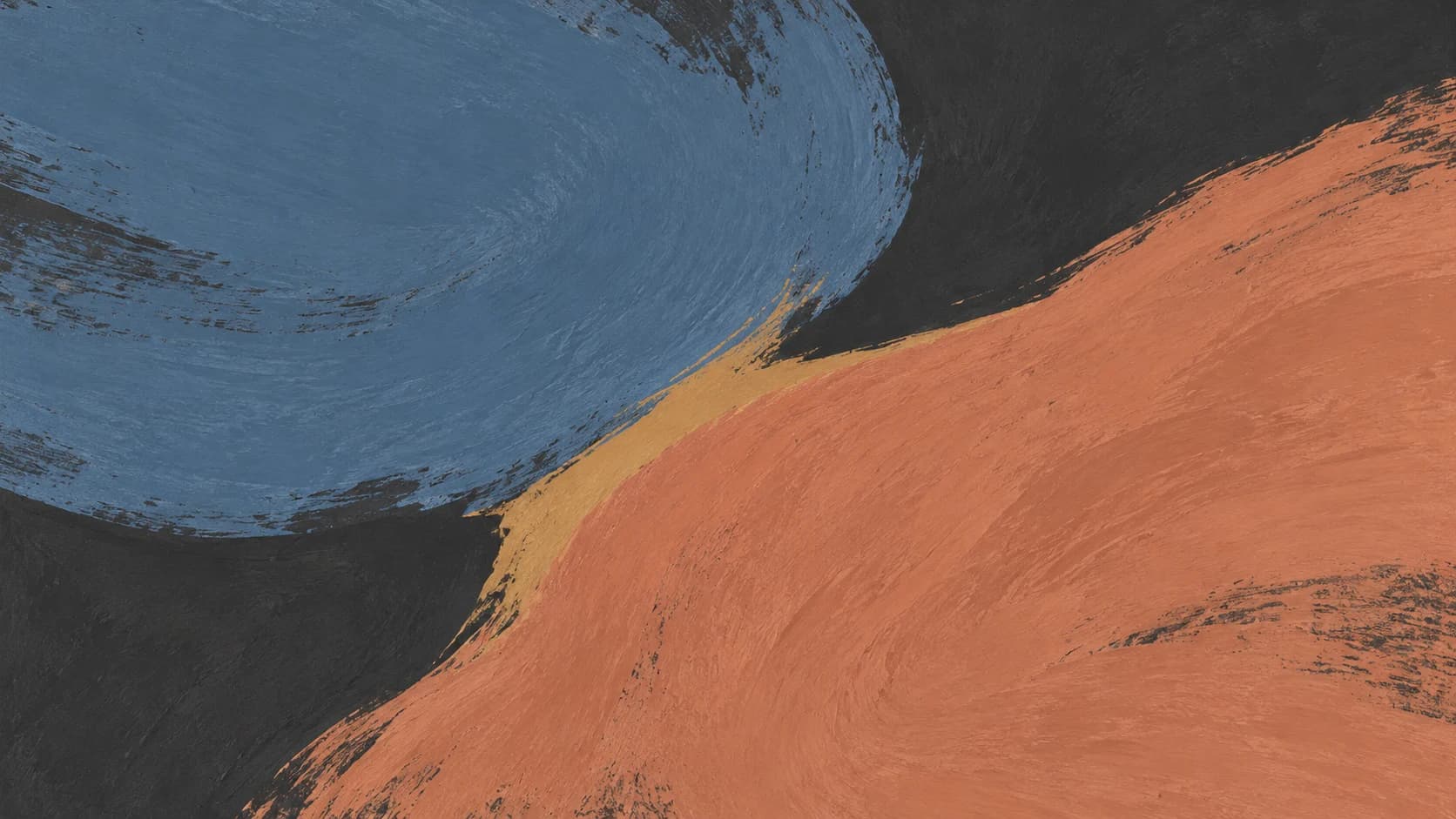 Broad slate-blue and terracotta painted gestures meet along an ochre edge on charcoal.