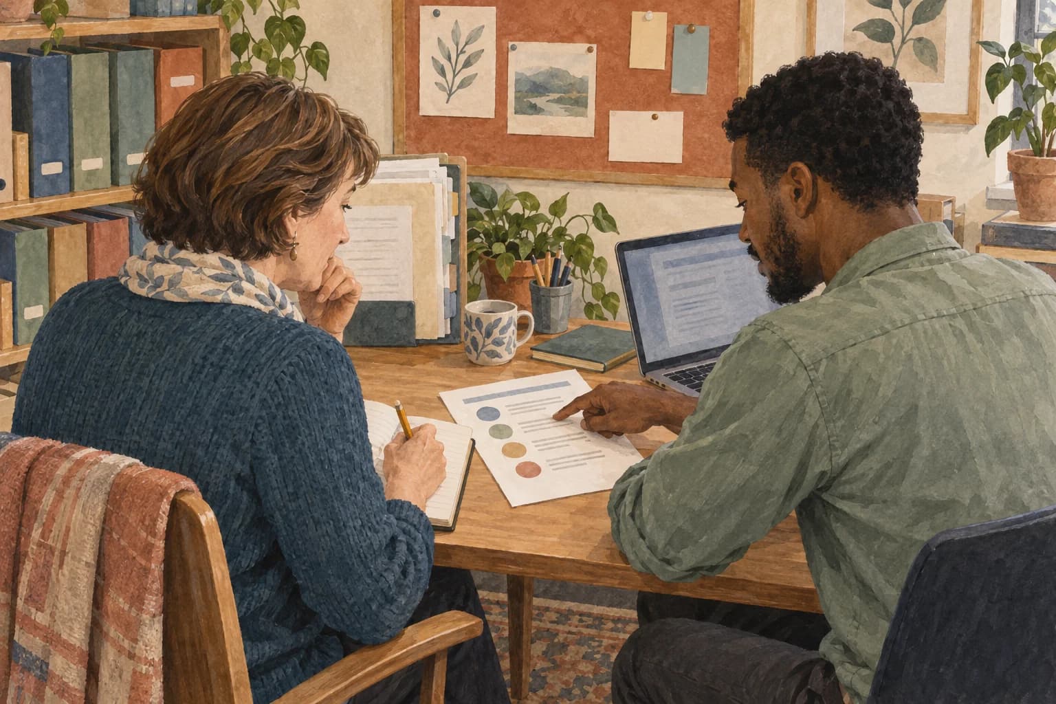 A learning lead takes notes while a membership coordinator points to course objectives beside a laptop; the pages and screen face the colleagues.