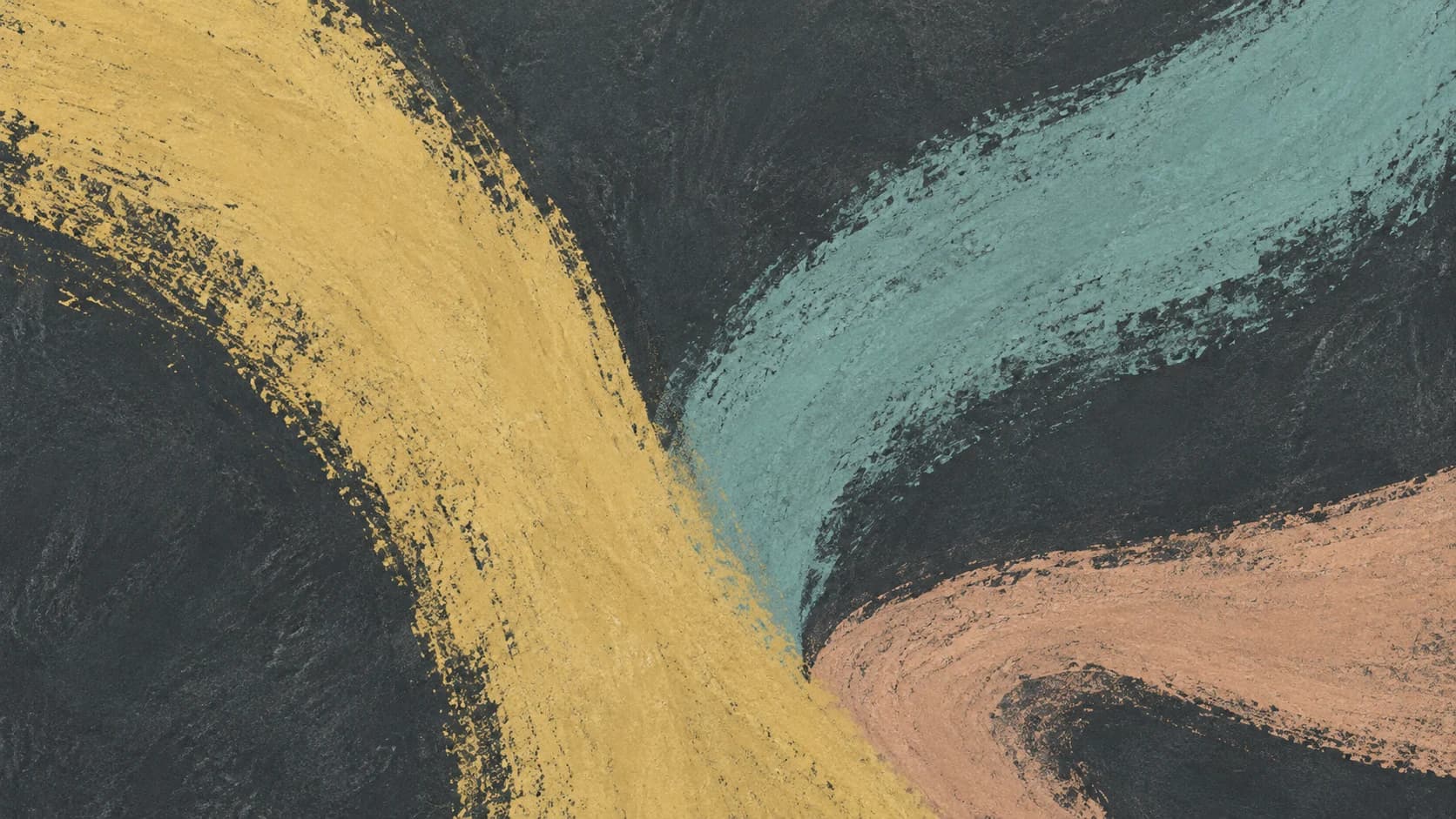 Broad ochre, turquoise and peach chalk sweeps meet and diverge across textured dark slate.