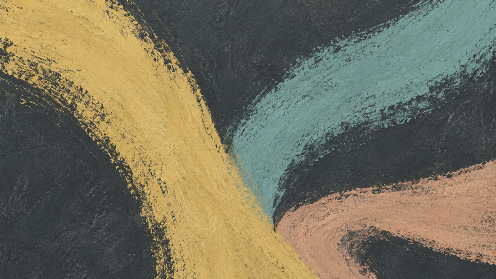 Broad ochre, turquoise and peach chalk sweeps meet and diverge across textured dark slate.