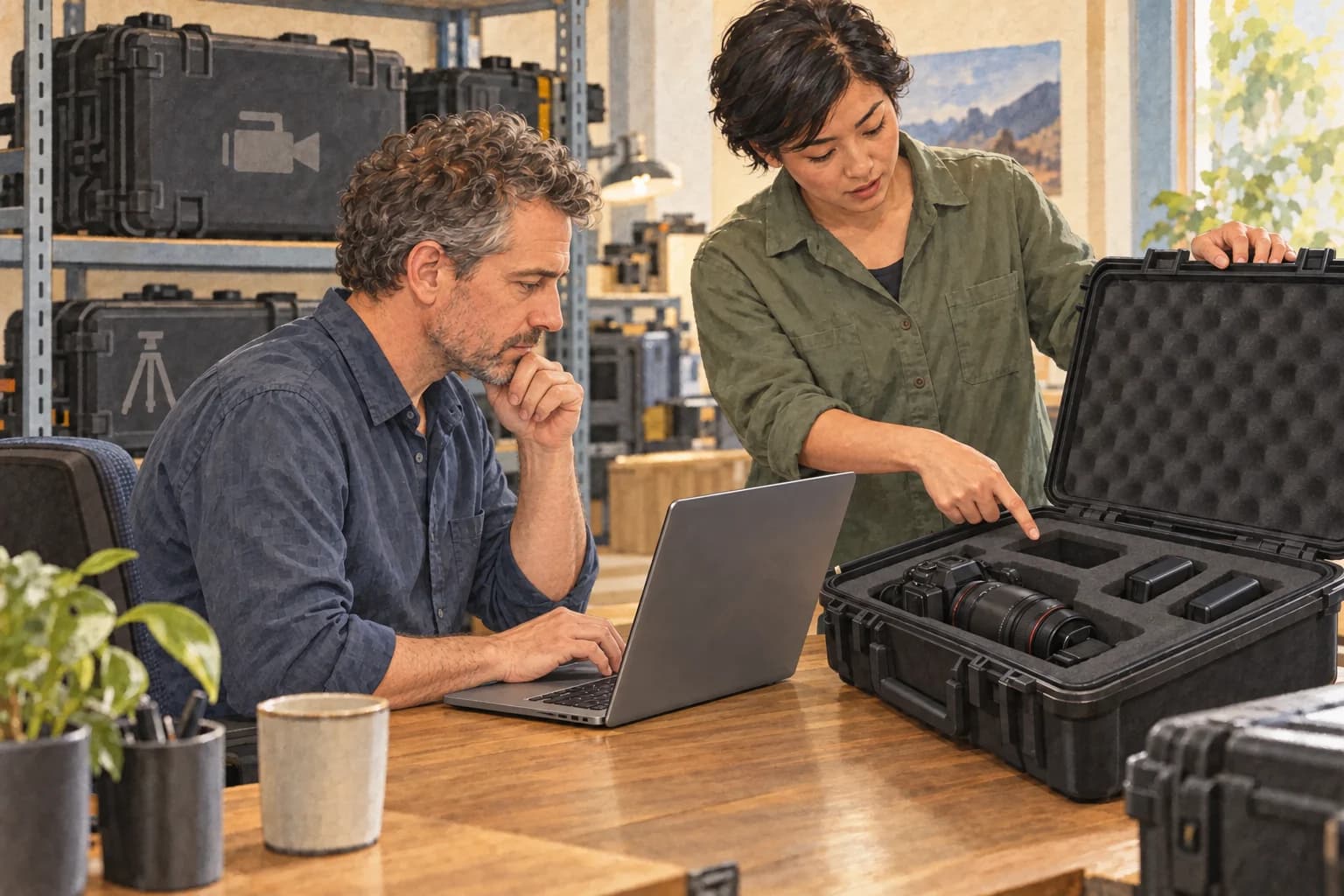 A rental dispatcher works at a laptop while a technician points to an empty slot in an open camera equipment case.