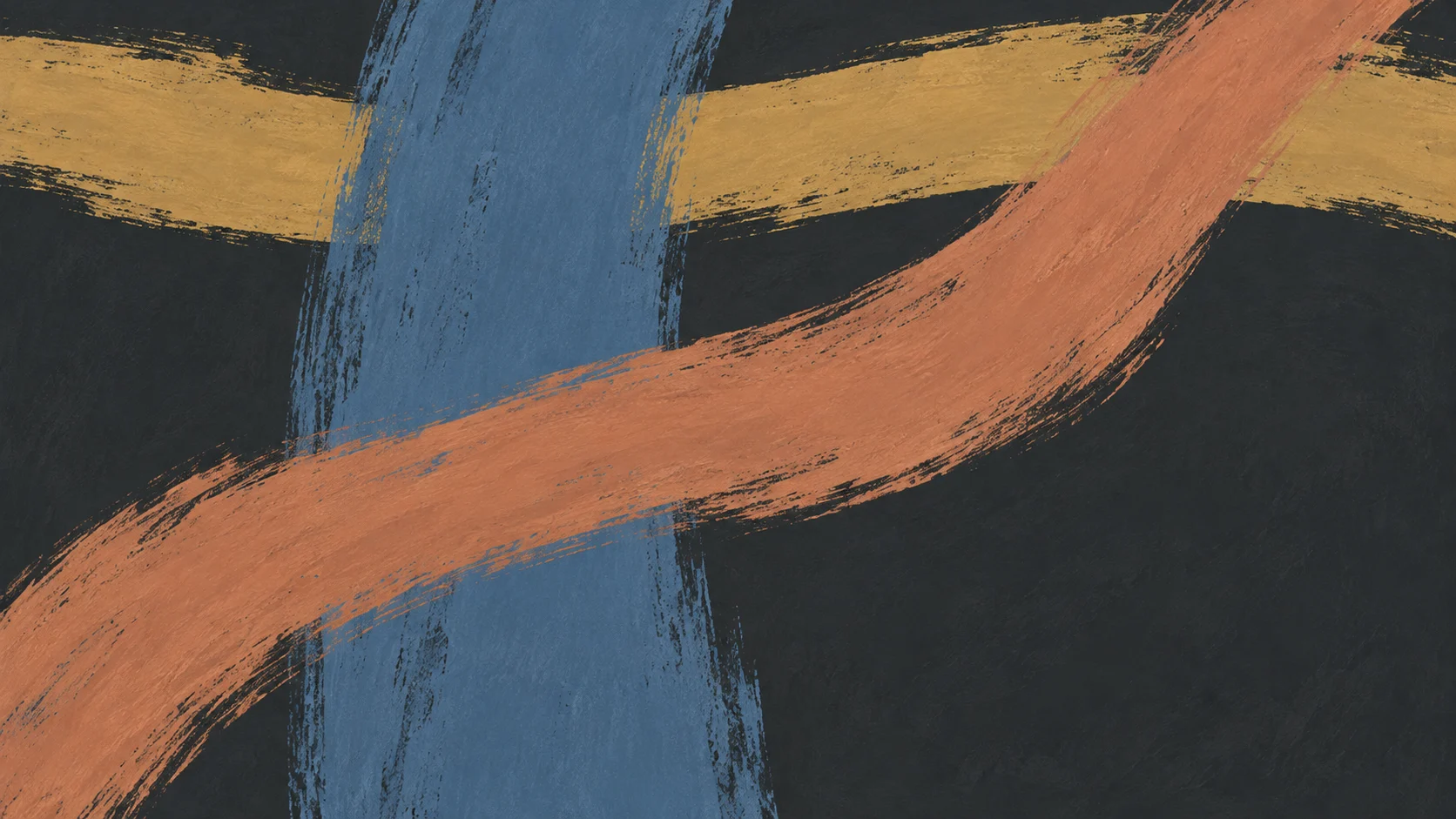 Broad slate, terracotta and ochre painted gestures cross an opaque charcoal ground.