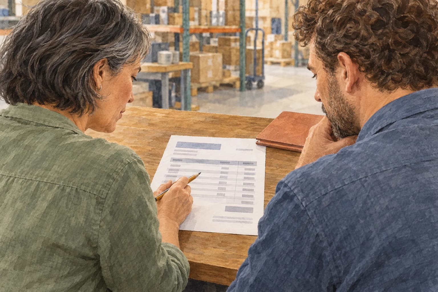 Two distributor colleagues sit side by side reviewing a supplier quotation, with the page facing them and a pencil pointing to one row.