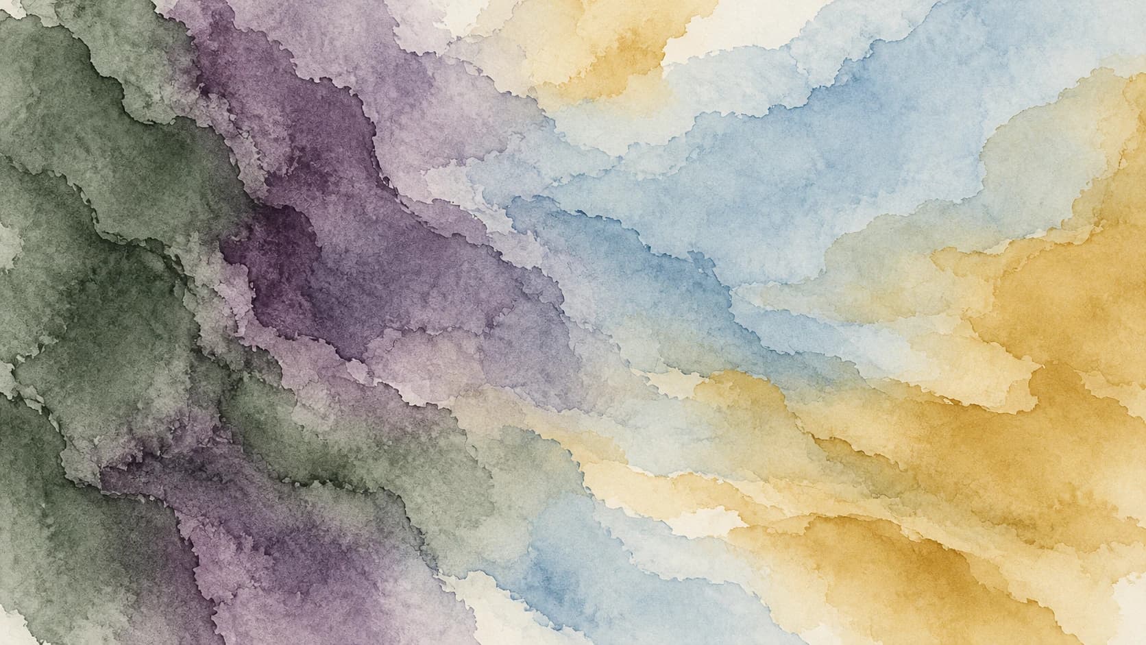 Broad sage and plum watercolor fields blend into pale blue and ochre washes across textured paper.