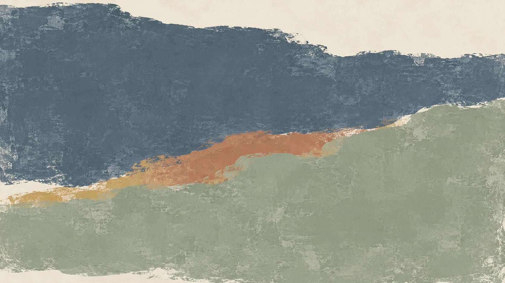 Broad slate and sage gouache impressions overlap along a clay contact on an opaque ivory ground.