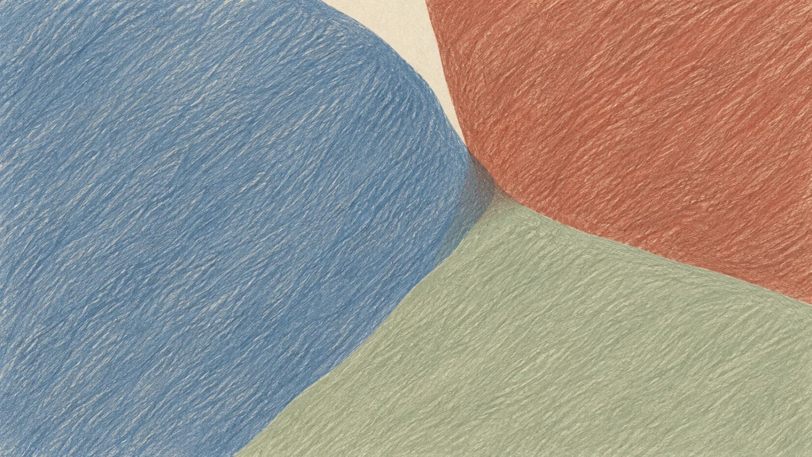 Broad slate-blue, terracotta and sage colored-pencil fields meet at two restrained overlapping edges.