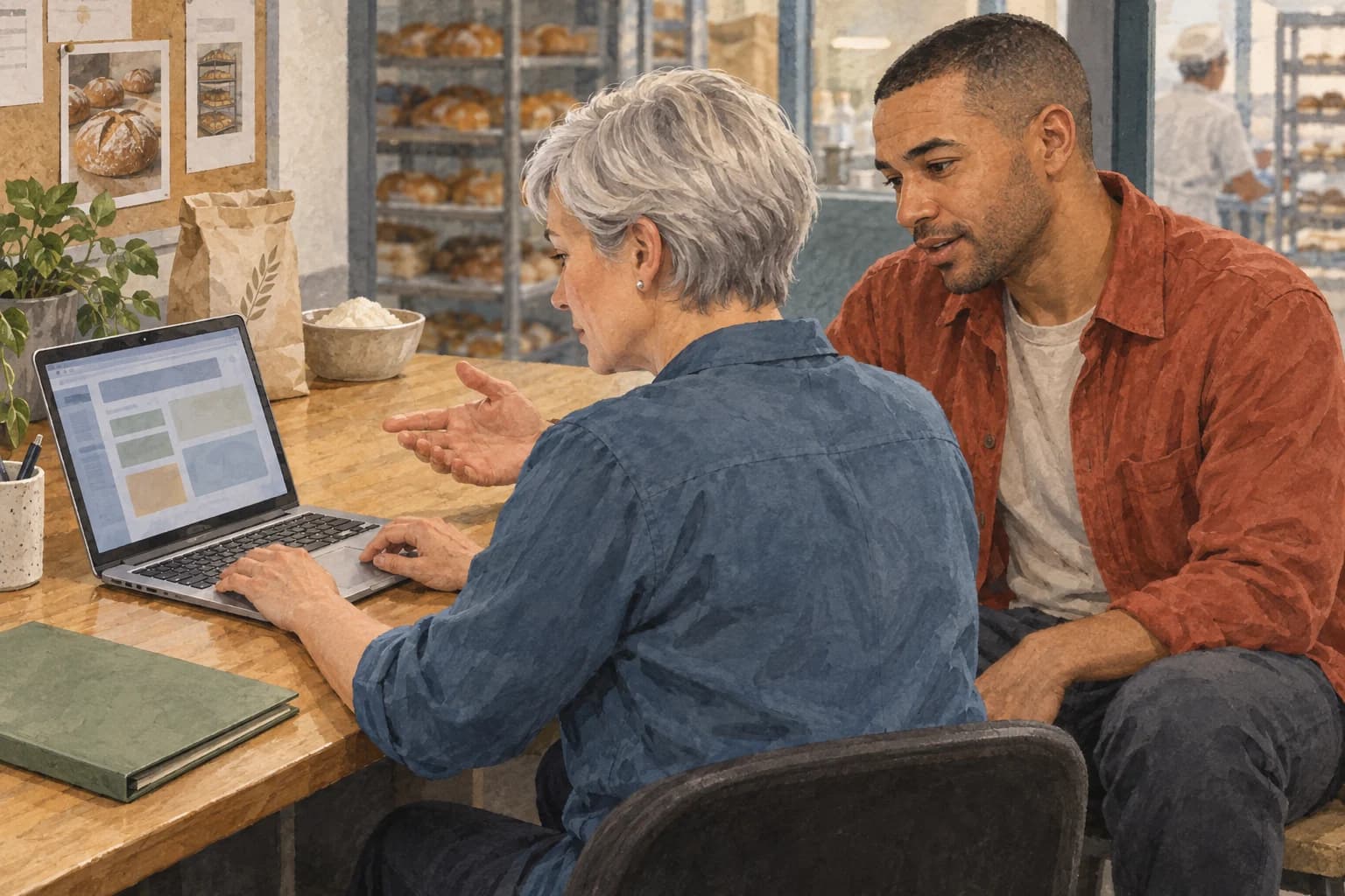 A purchasing manager tries a laptop workflow while a colleague explains beside her in a commercial bakery office; the screen and keyboard face the manager.