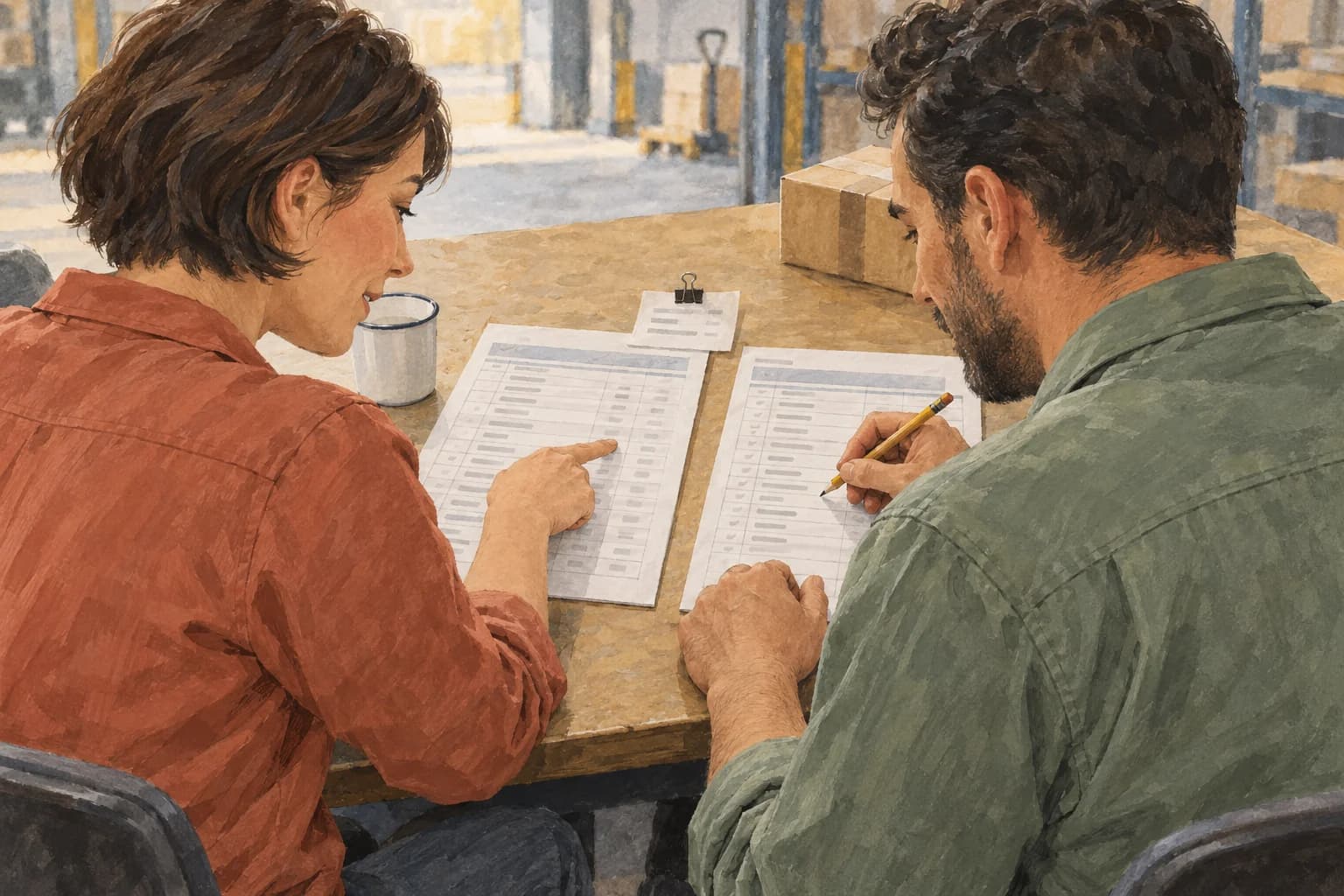 Two dispatch colleagues compare handover sheets and a source note, with the papers facing them.
