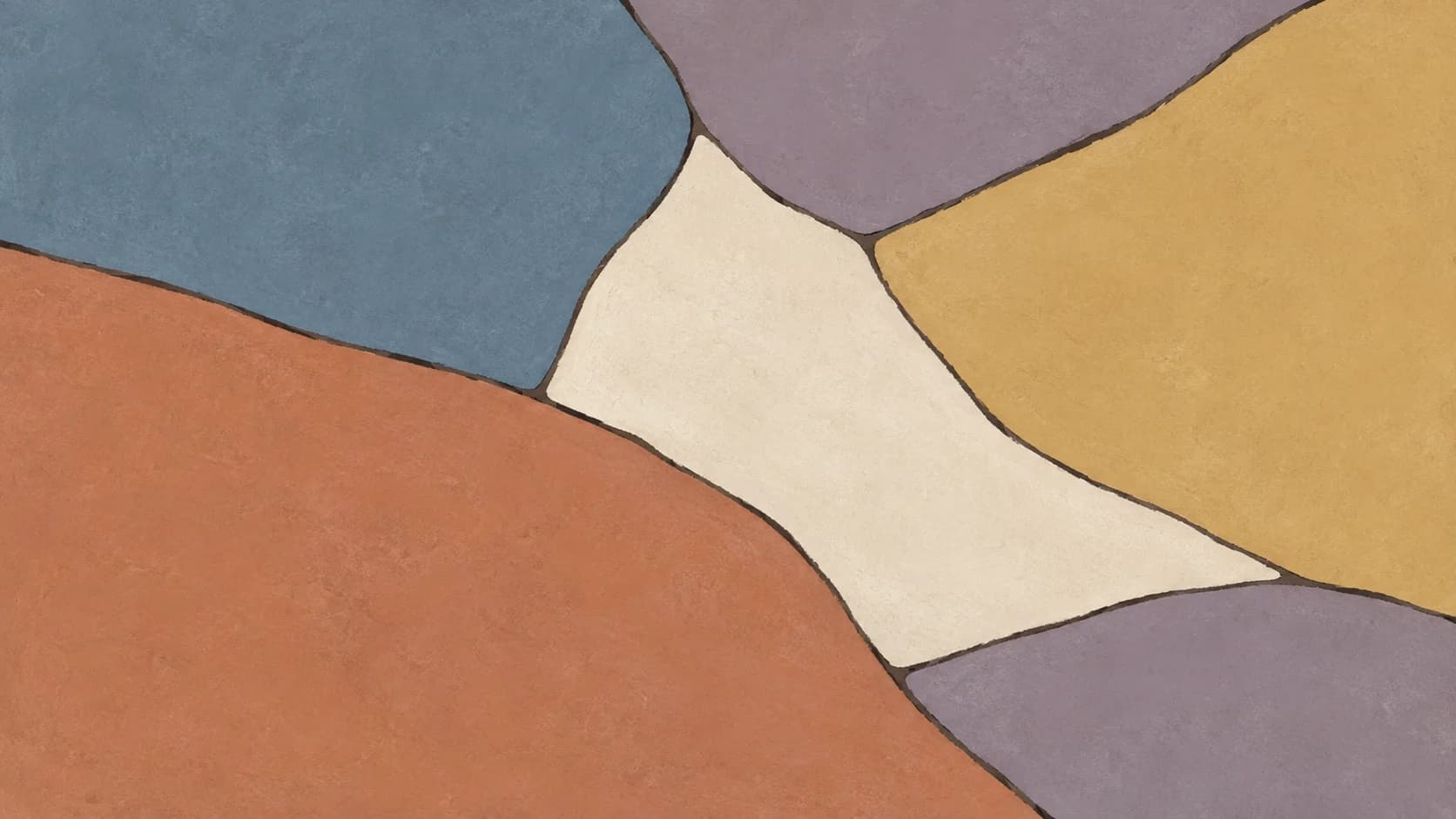 Broad blue, terracotta, mauve and ochre pigment fields meet around an irregular ivory passage with charcoal seams.