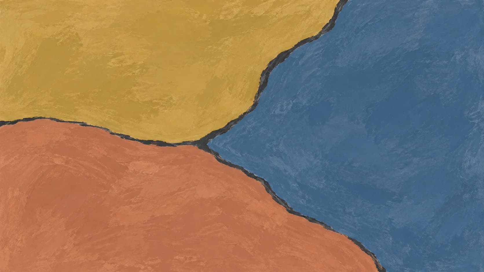 Broad ochre, slate blue and terracotta painted fields meet along irregular narrow charcoal seams.