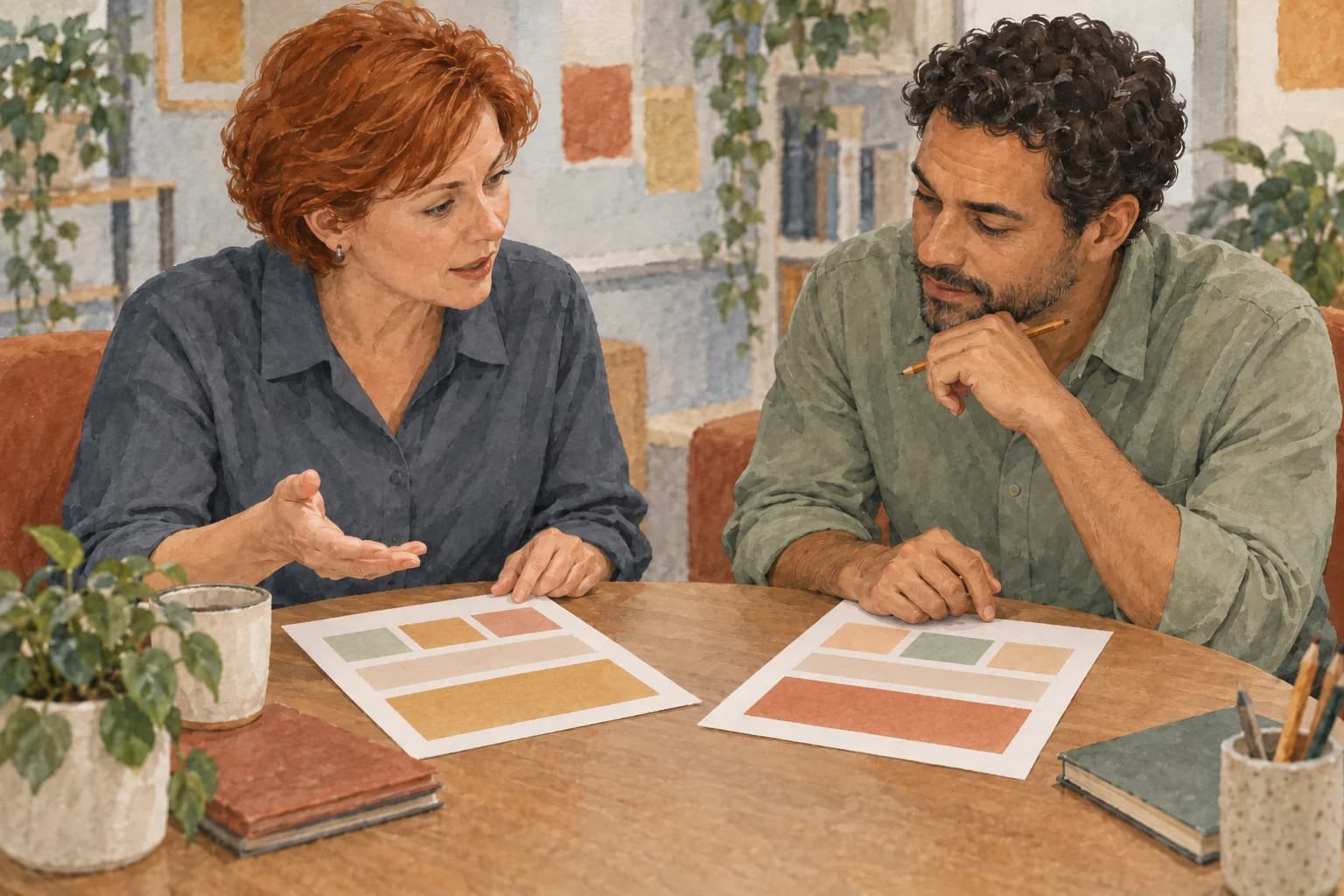 A learning lead and service manager discuss two training proposals, with each sheet facing the colleague reading it.