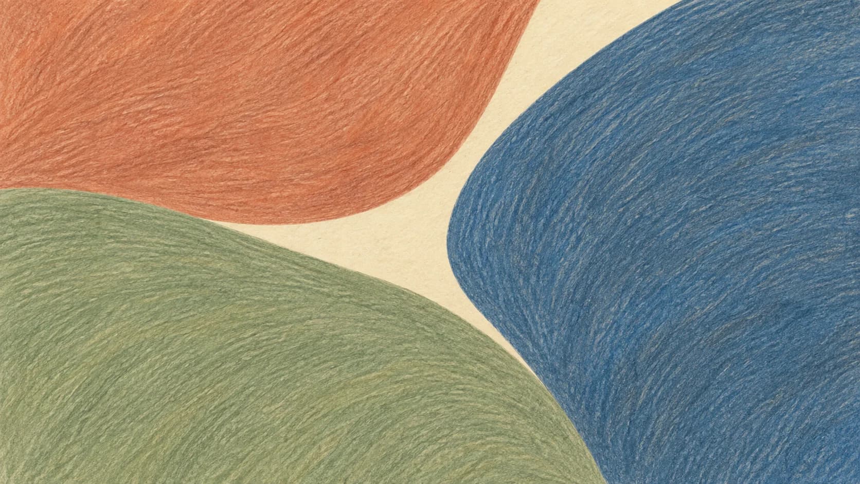 Broad terracotta, blue and sage colored-pencil fields meet around a narrow cream passage.