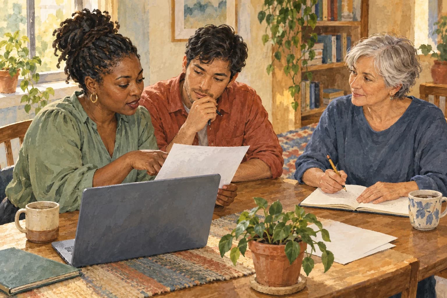 Two colleagues compare a printed sheet beside a laptop while a reviewer listens with a pencil and notebook.