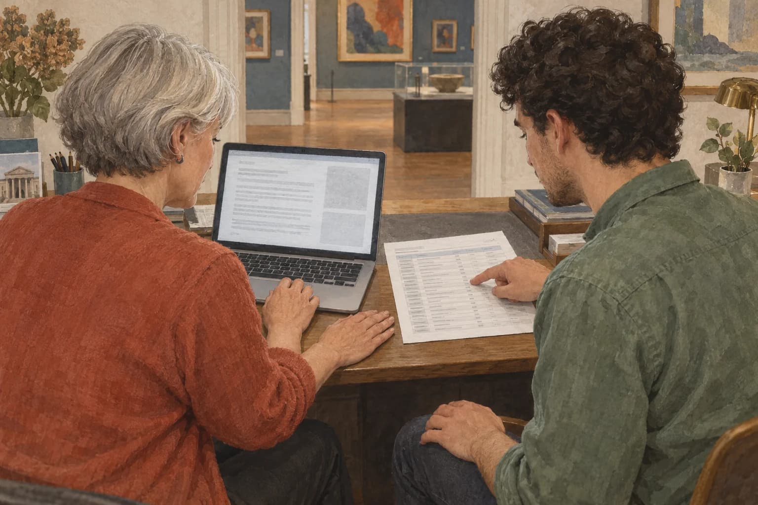 Two museum bookings colleagues compare a laptop draft with a booking sheet, viewed over their shoulders with the screen and papers facing them.