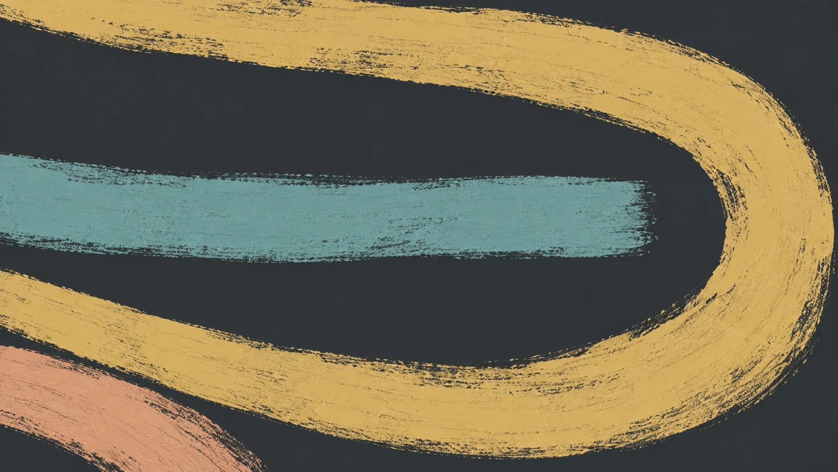 Broad ochre, turquoise and peach chalk gestures exchange direction across a charcoal slate canvas.