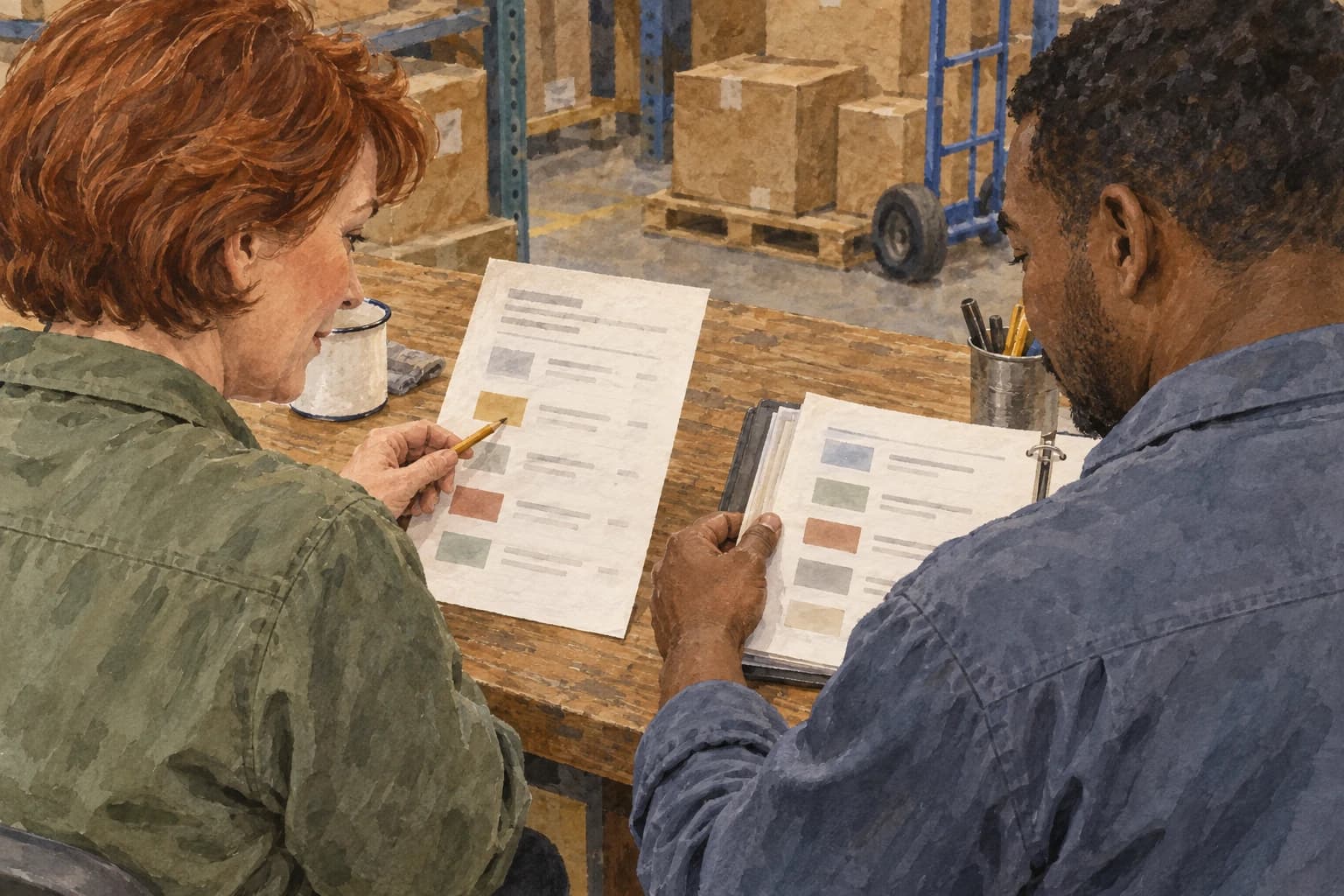 Two warehouse dispatch colleagues review order sheets facing them at a workbench, with cartons and a trolley nearby.