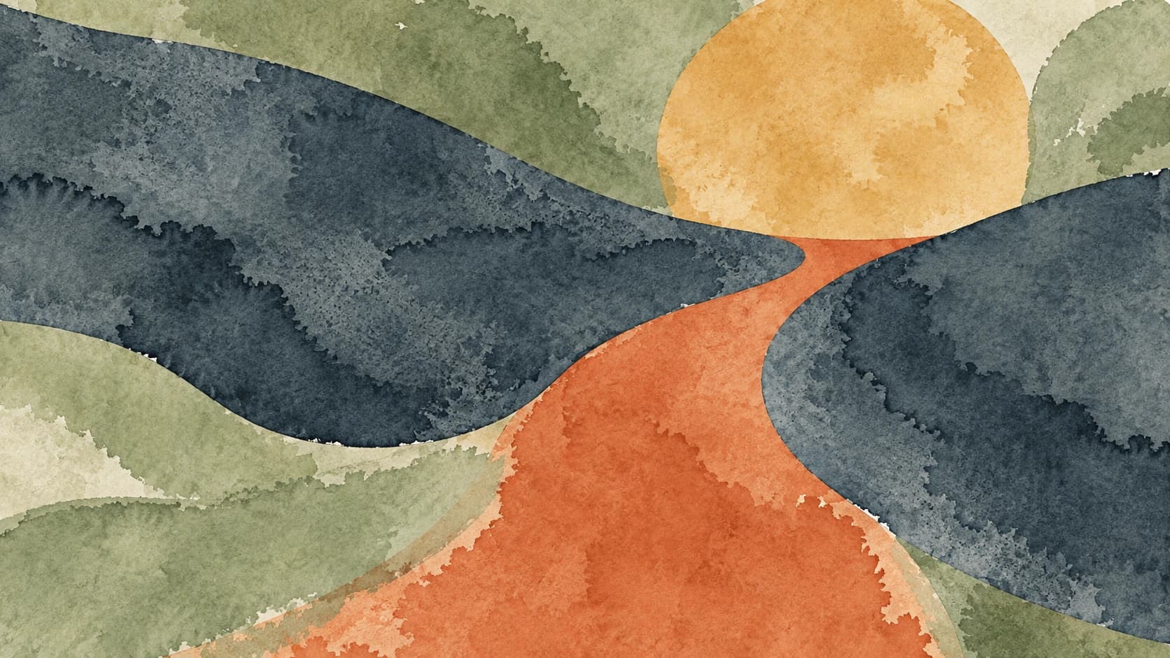 Slate and sage watercolor washes continue around a terracotta interruption.