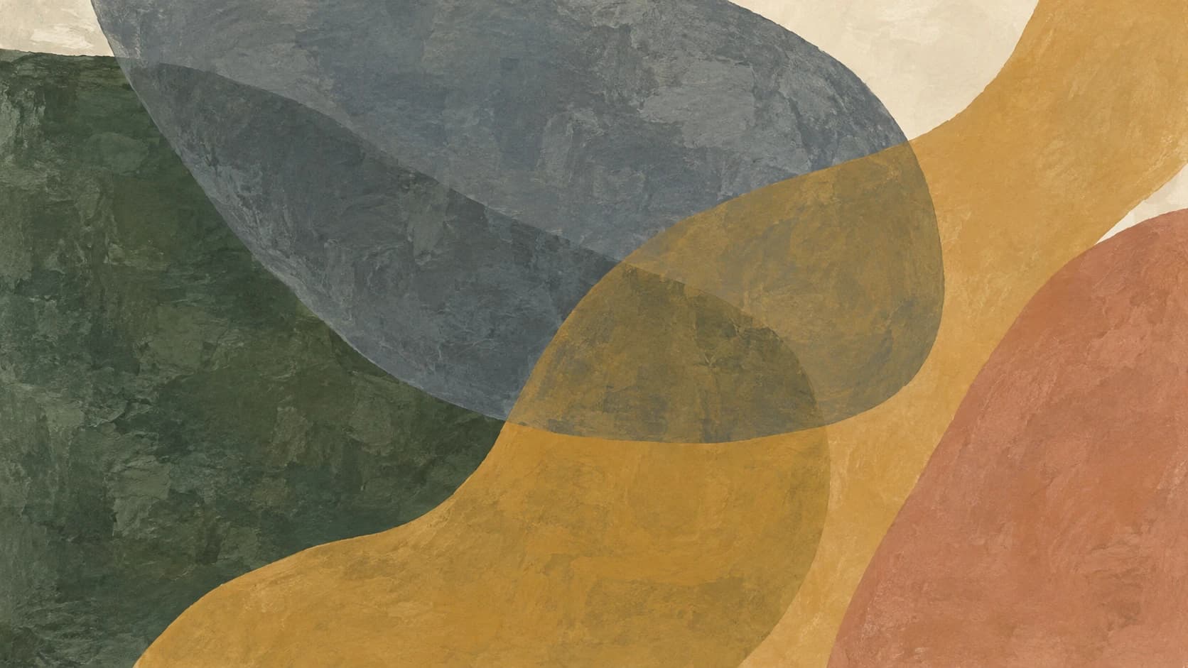 Translucent slate, sage and ochre pigment fields overlap on a warm ivory ground.
