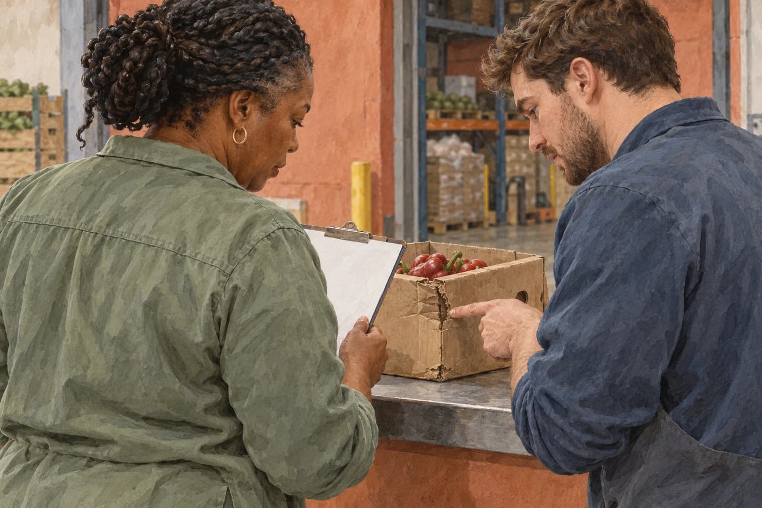 Two food-wholesaler colleagues inspect a damaged produce box beside a delivery clipboard held toward them.