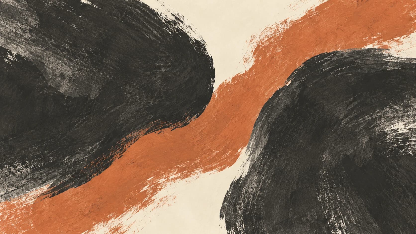 Broad charcoal fields flank a terracotta painted passage on warm ivory.