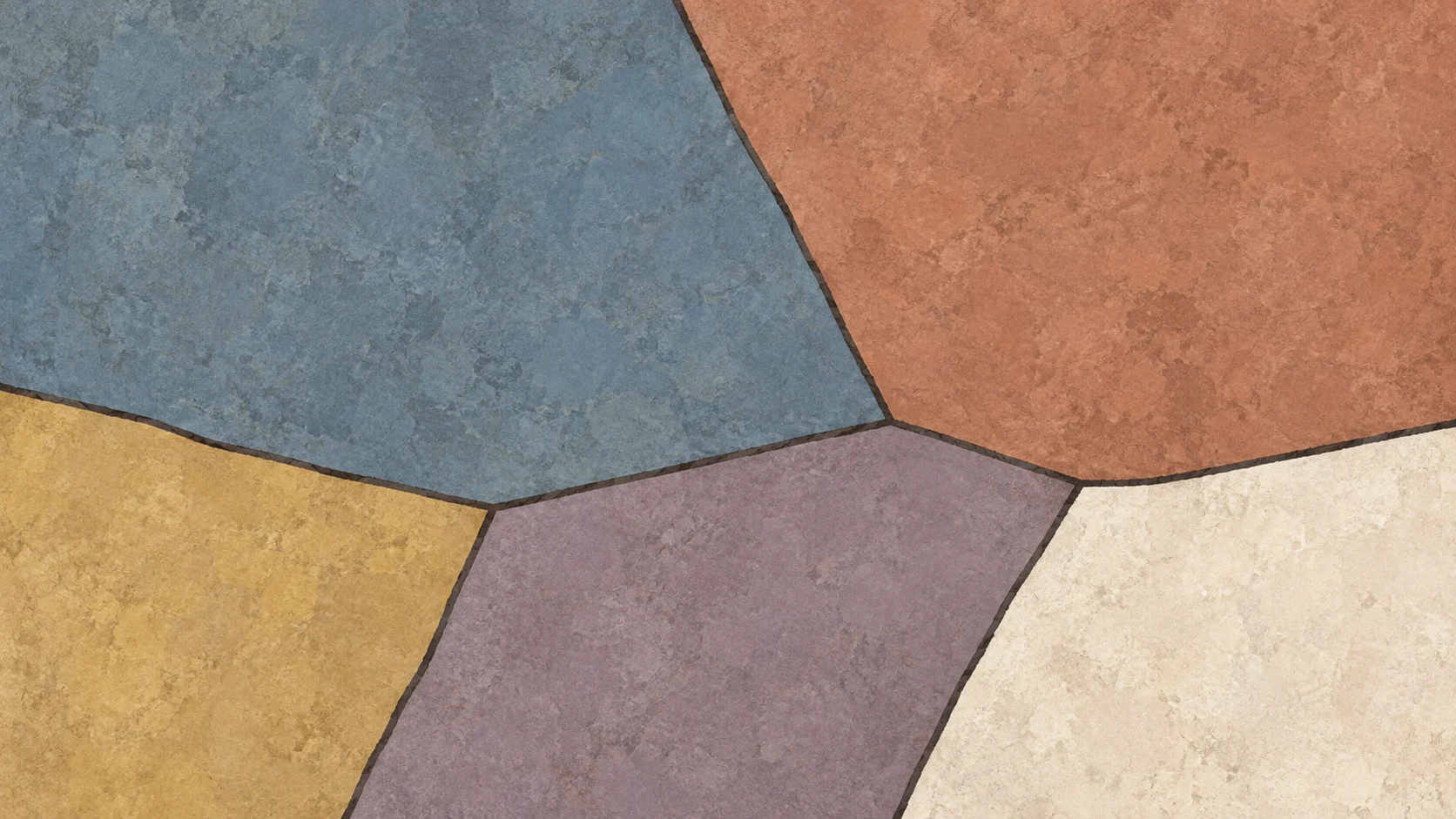 Broad steel-blue, terracotta, mauve, honey and ivory mosaic cells meet along staggered charcoal boundaries.