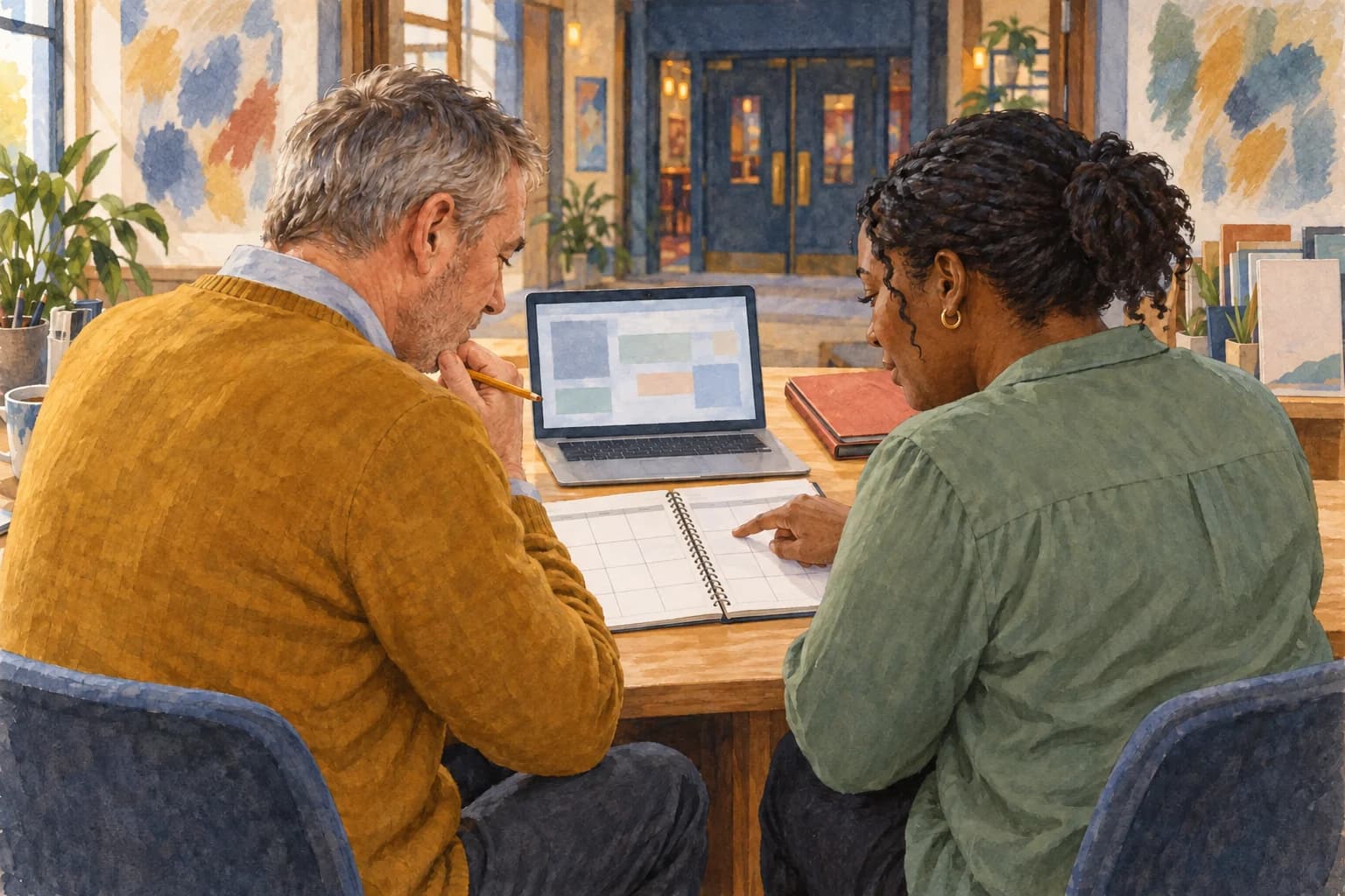 A workforce analyst and venue bookings manager sit beside each other, checking a desk calendar and a laptop that face them.