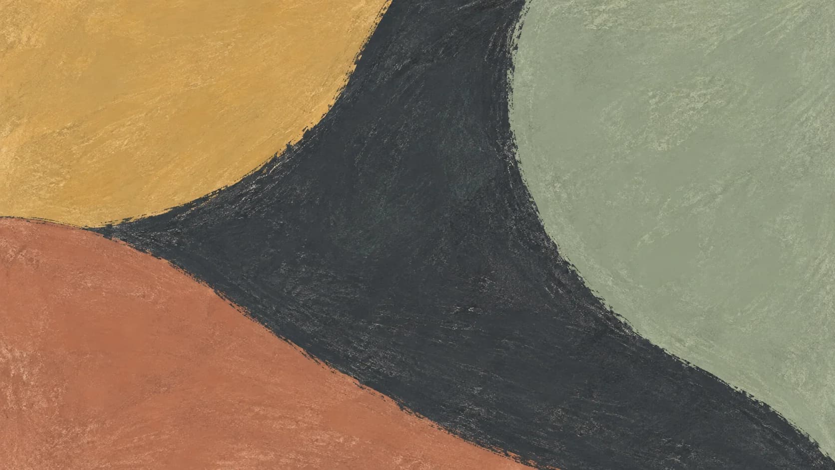 A broad curved charcoal pigment field meets ochre, sage and clay along irregular boundaries.