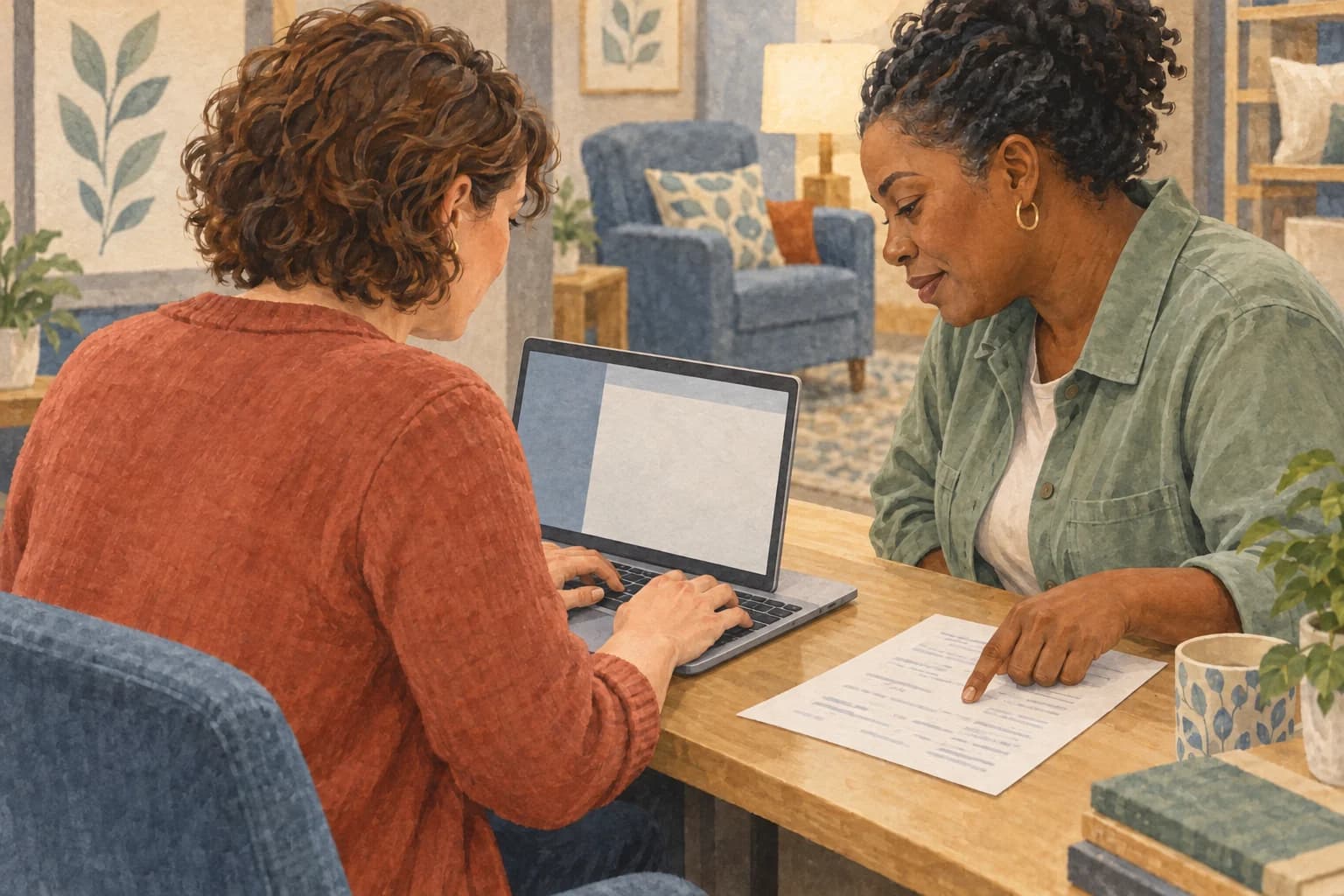 A learning designer works at a laptop while a service supervisor checks a policy page beside her.
