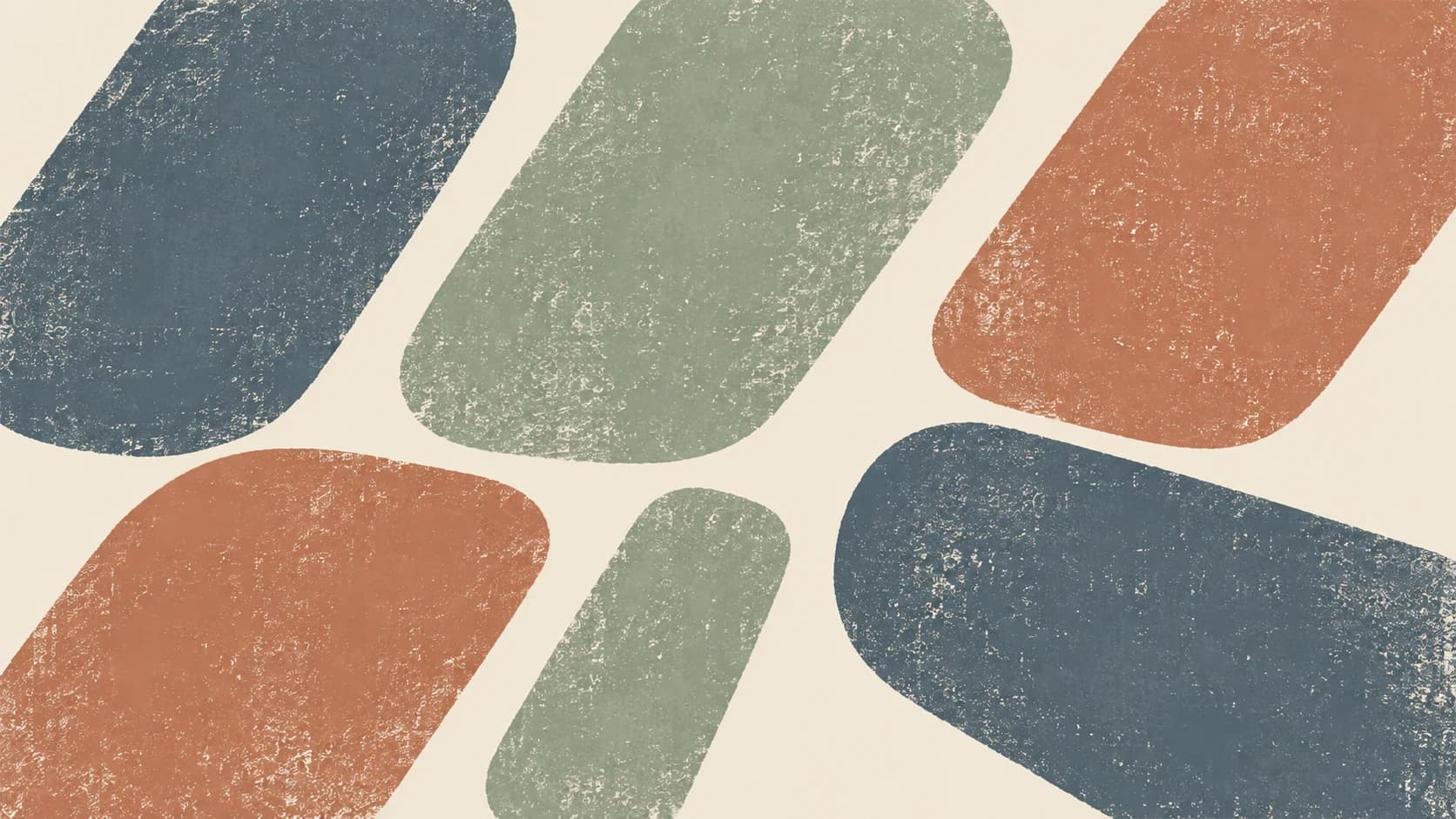Broad slate, sage and terracotta printed oblique marks form an interrupted staggered rhythm across opaque ivory paper.