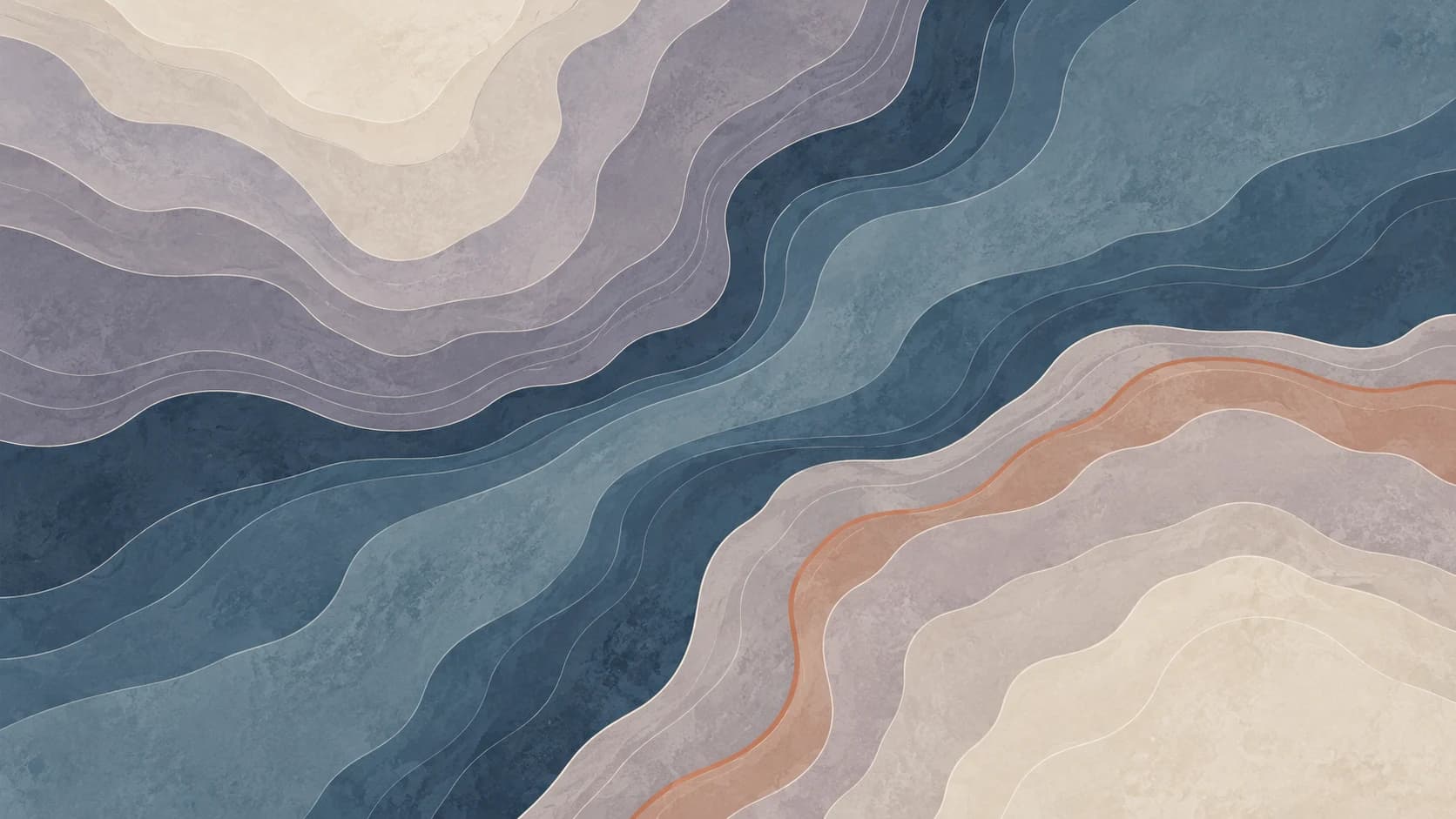 Broad slate-blue contour bands form a diagonal passage between ivory and lavender-grey terraces, with a restrained clay-colored edge at the lower right.