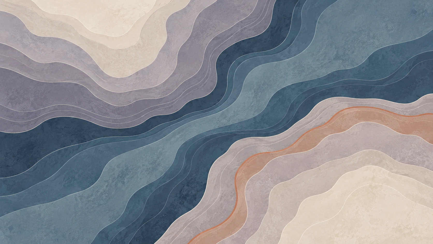 Broad slate-blue contour bands form a diagonal passage between ivory and lavender-grey terraces, with a restrained clay-colored edge at the lower right.