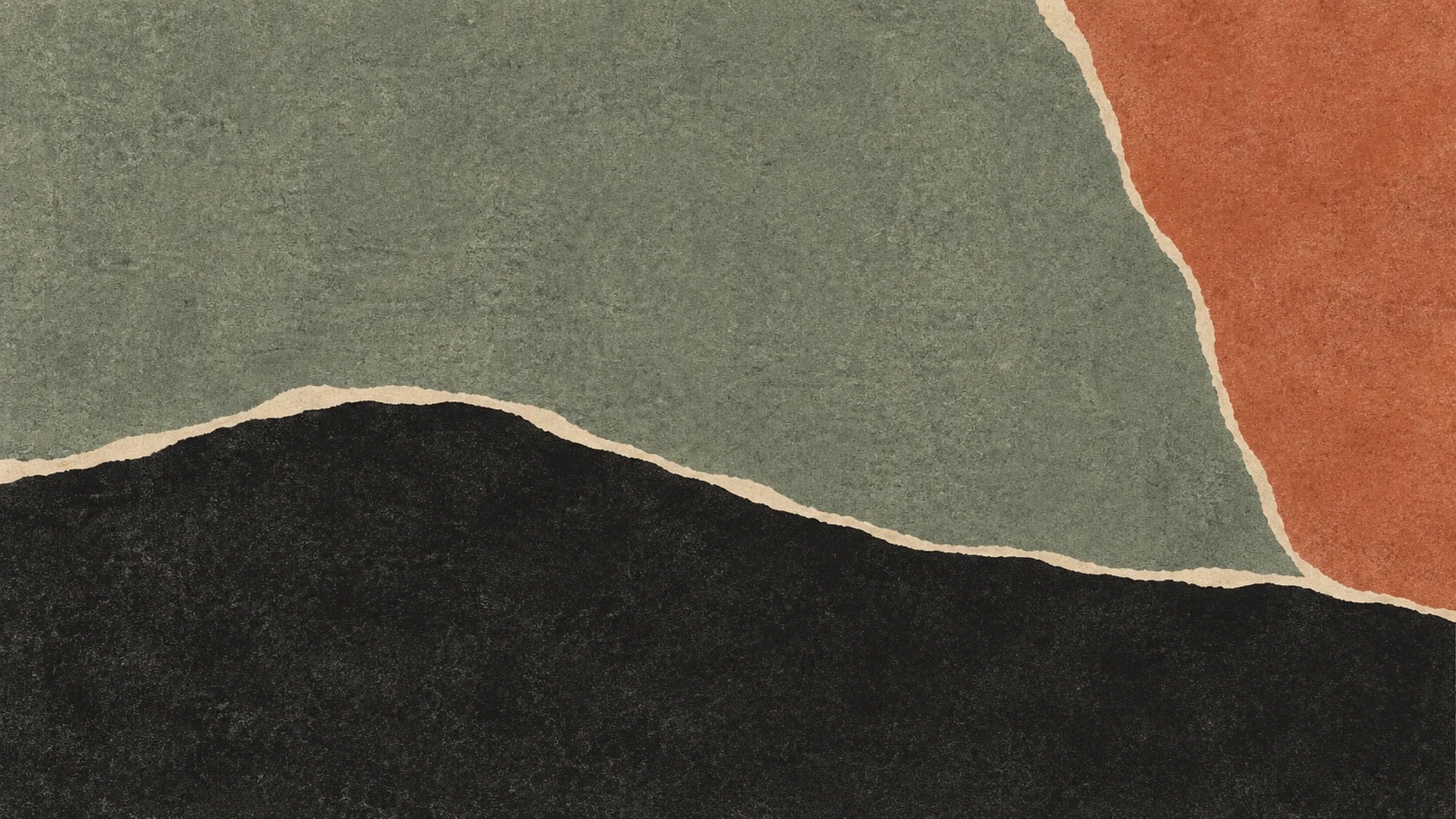 Broad gray-green and clay ink fields meet a low charcoal crest along narrow, irregular ivory seams.