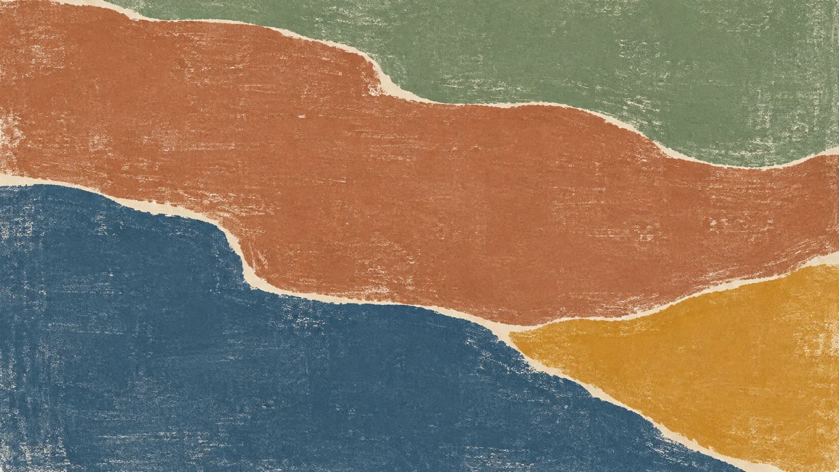 A broad clay monoprint impression shares irregular horizontal edges with sage above, slate blue below and a cropped ochre corner.