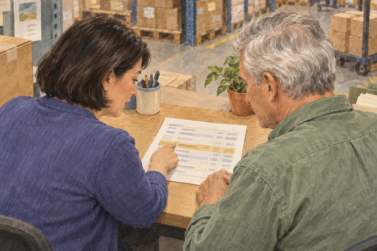 A customer-service coordinator and fulfillment planner sit side by side, checking a highlighted row on an order-change sheet facing them.
