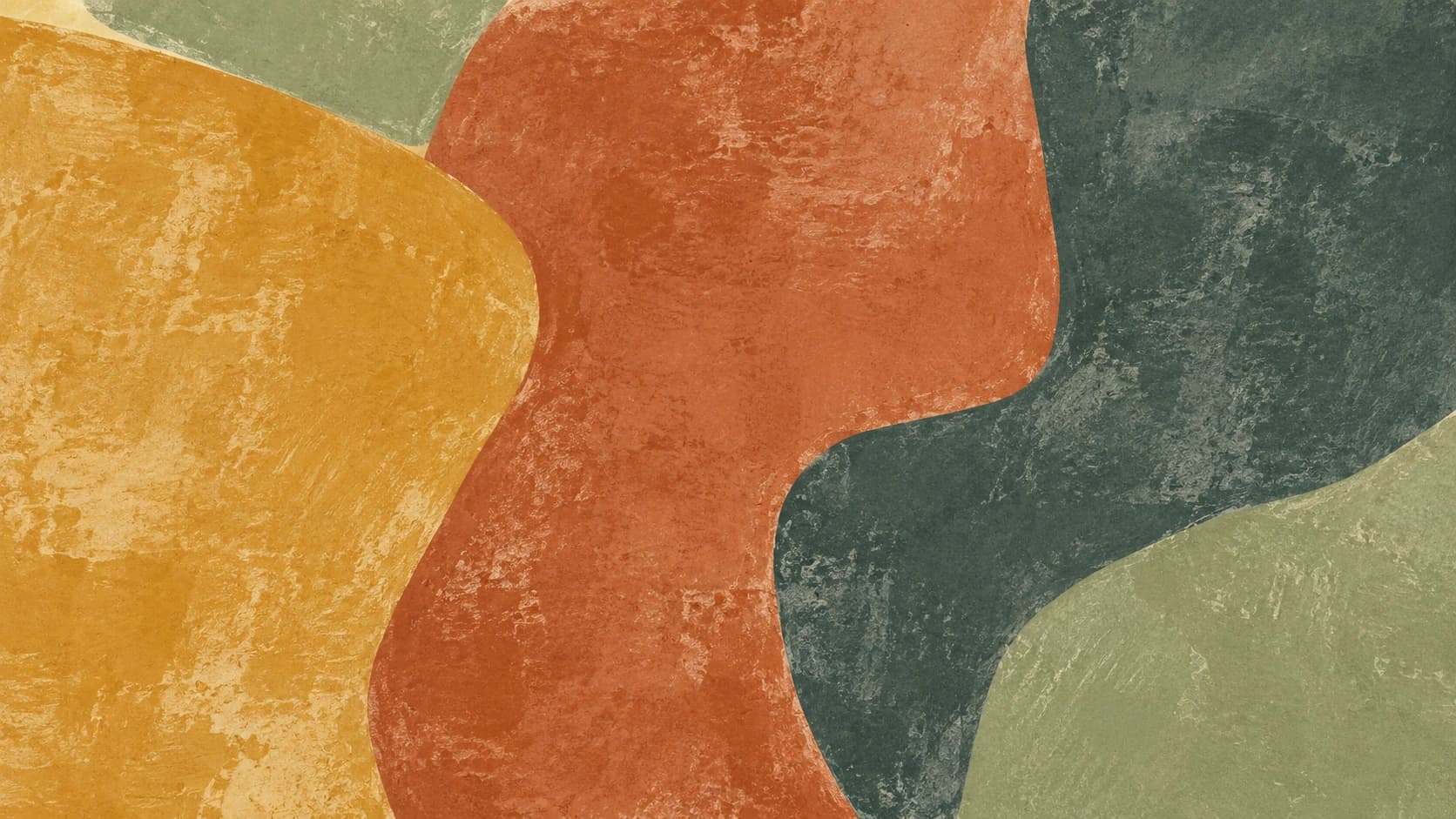 Ochre, terracotta and dark sage impressions form adjacent irregular fields.