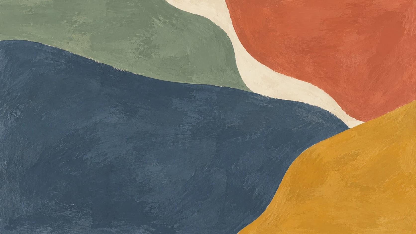 A broad slate-blue painted field balances sage, terracotta and ochre masses around a narrow off-center ivory opening.