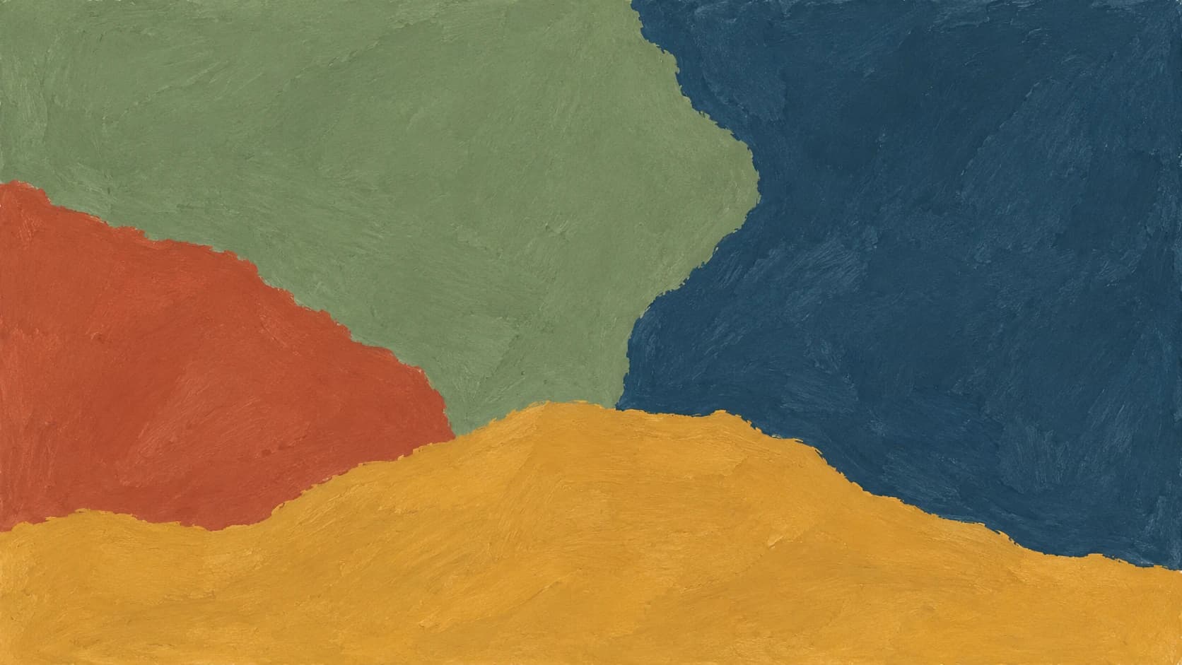 Broad sage and slate pigment fields meet above an ochre base and a clay-colored edge.