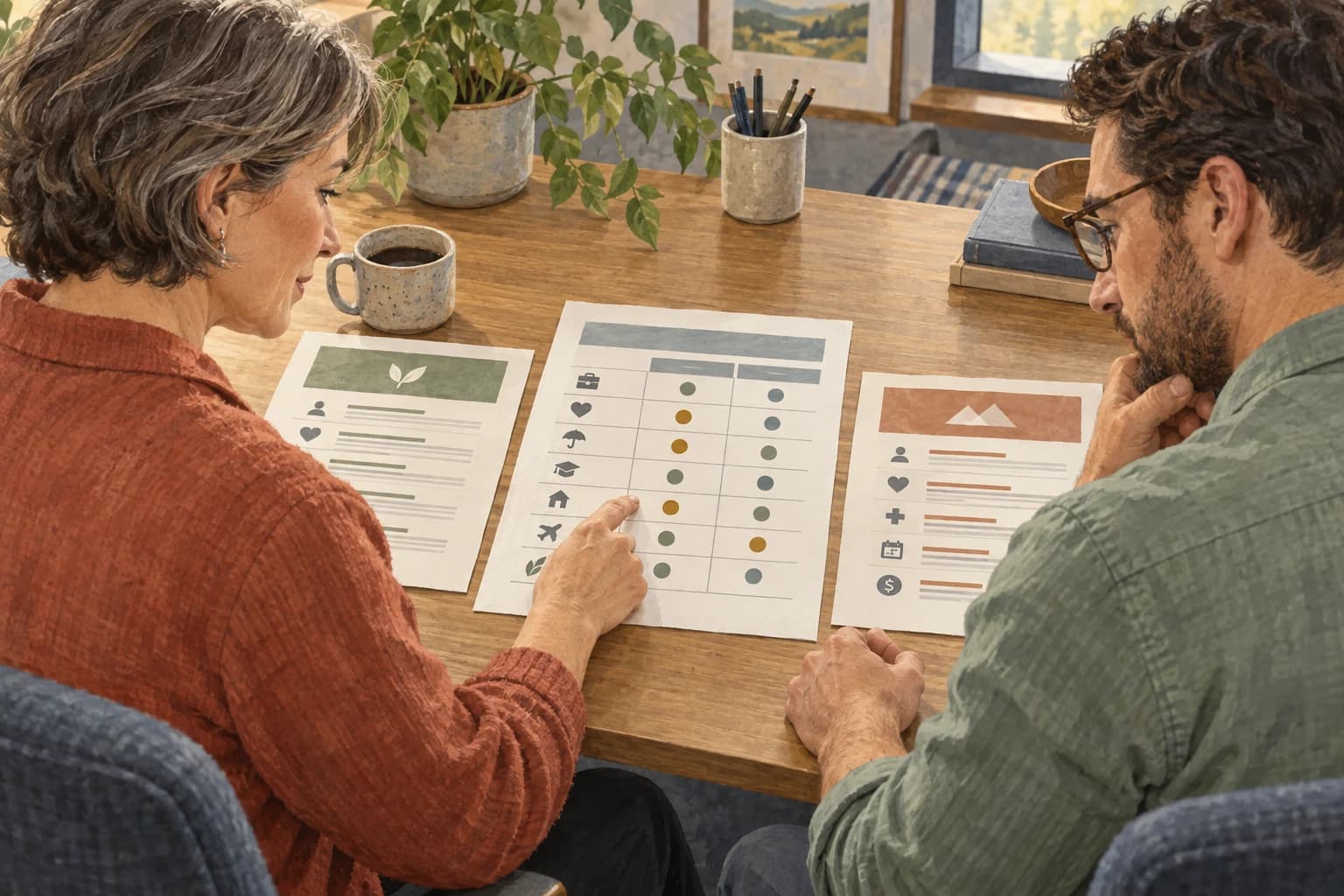Two colleagues seated beside each other compare offer documents with a shared worksheet, with every page facing them.
