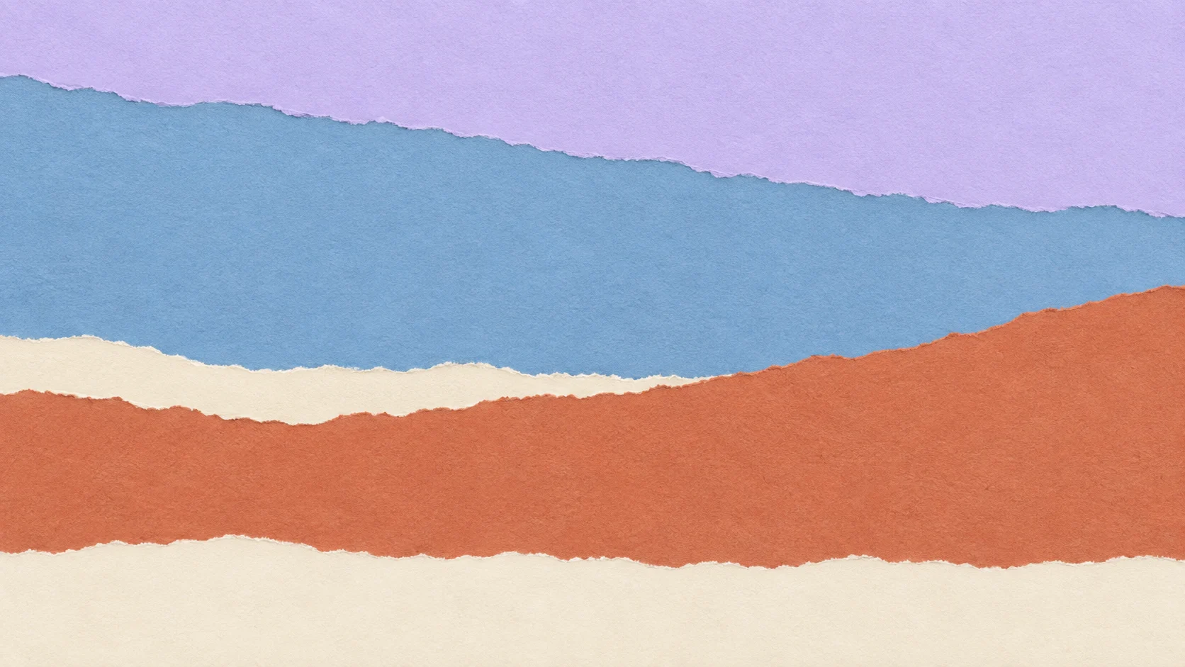 Broad torn lavender, blue and terracotta paper bands meet around a shallow ivory seam that closes toward the right.