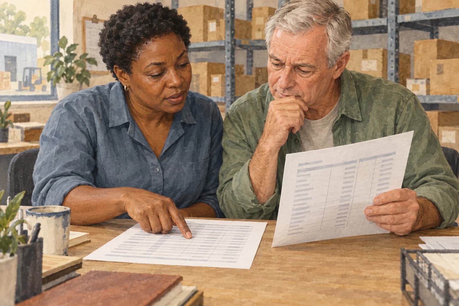 Watercolor illustration of two purchasing colleagues comparing supplier quote sheets, with one pointing to a row that needs checking.