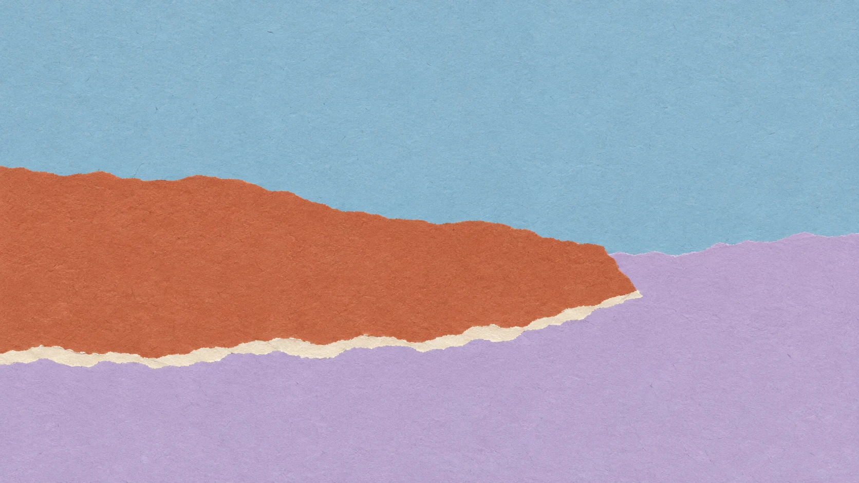 A broad clay torn-paper band ends against lavender beneath a full blue field, with a narrow ivory lower edge.