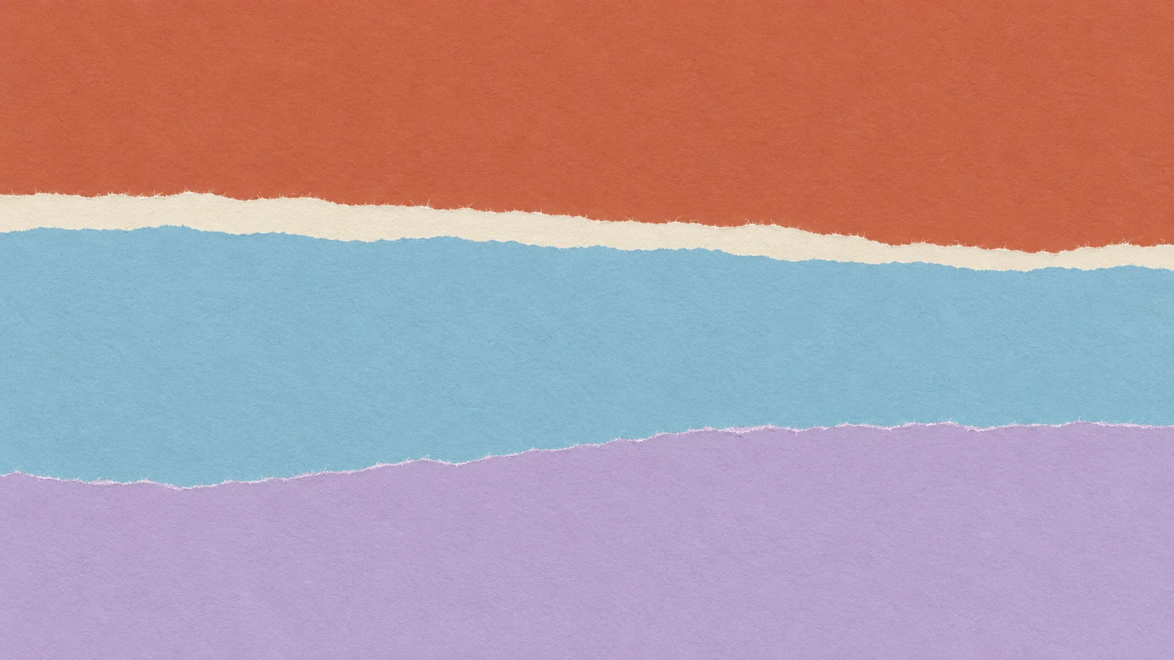 Broad terracotta, pale blue and lavender paper bands meet at naturally frayed edges, with a narrow ivory seam.