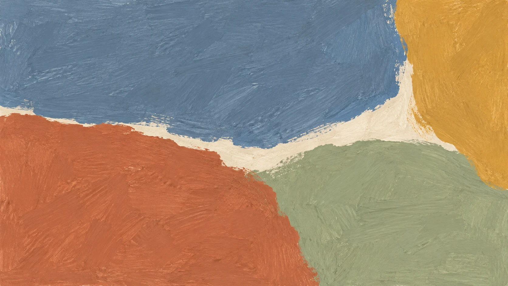 Broad slate-blue, terracotta, sage and ochre painted impressions balance around a narrow ivory seam.