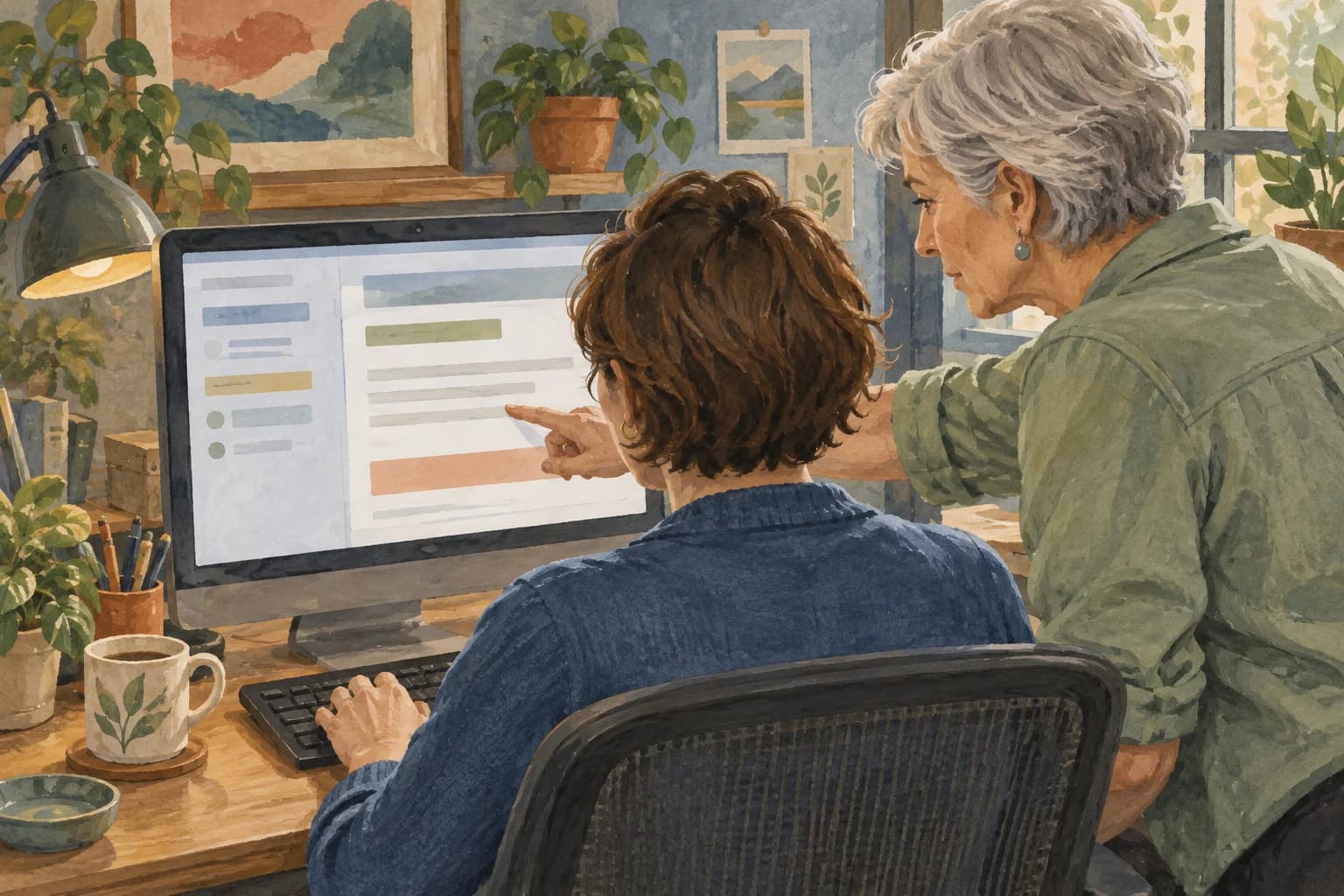 A seated support worker practices at a computer while a coach beside them points to the screen; monitor and keyboard face the worker.