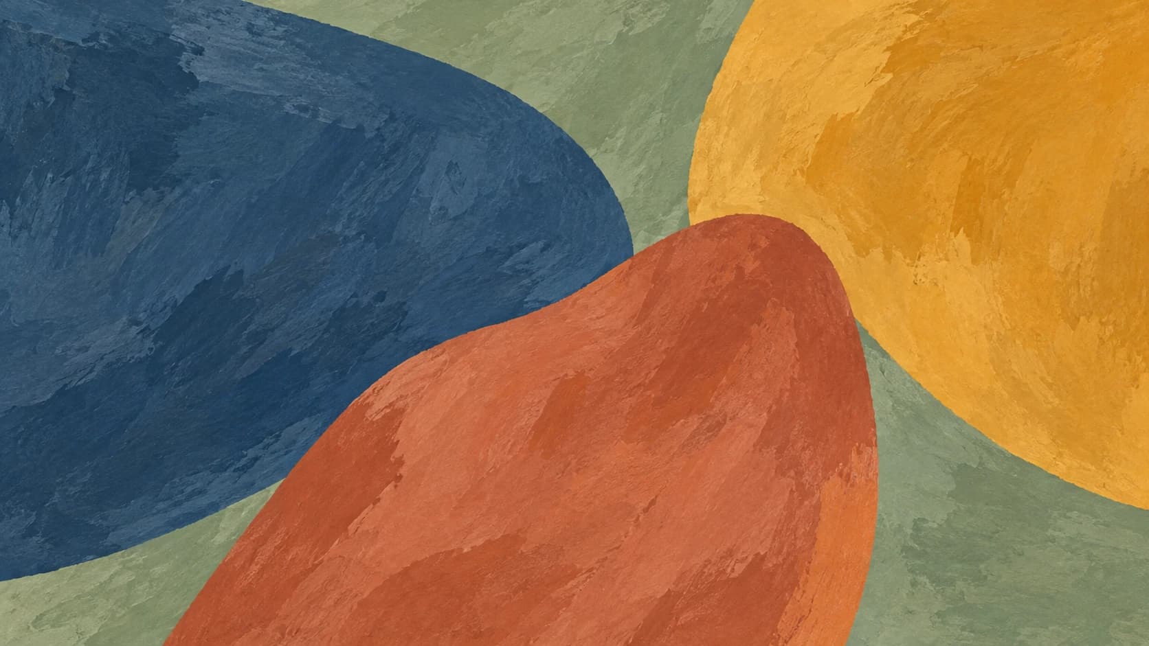 Broad slate, ochre and terracotta pigment fields meet on sage.